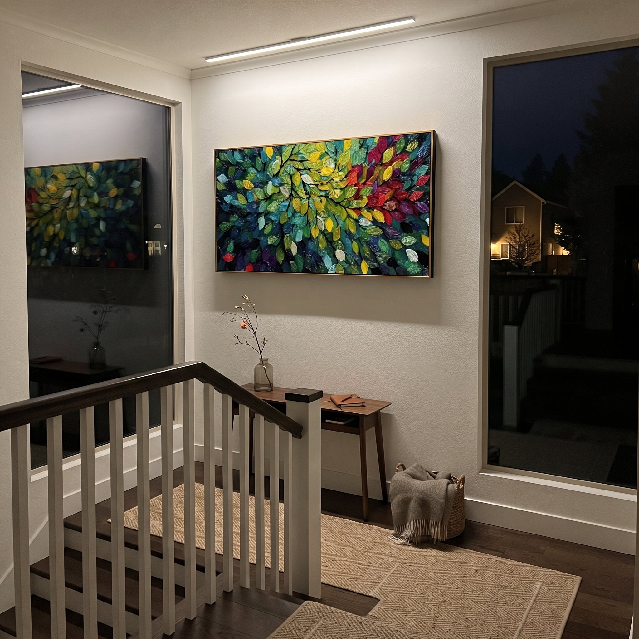 "Colorful Forest Leaves Painting" focuses on atmosphere, surface movement, and sculptural heavy impasto craftsmanship rather than a fixed literal storyline. The composition uses this hand-painted panoramic canvas presents a dense panoramic leaf canopy with emerald green, yellow, red, purple, and blue leaves over dark branch lines, with visible raised palette-knife paint and handmade surface depth as the visual anchor, while layered palette-knife paint, raised plaster-like texture, and softened