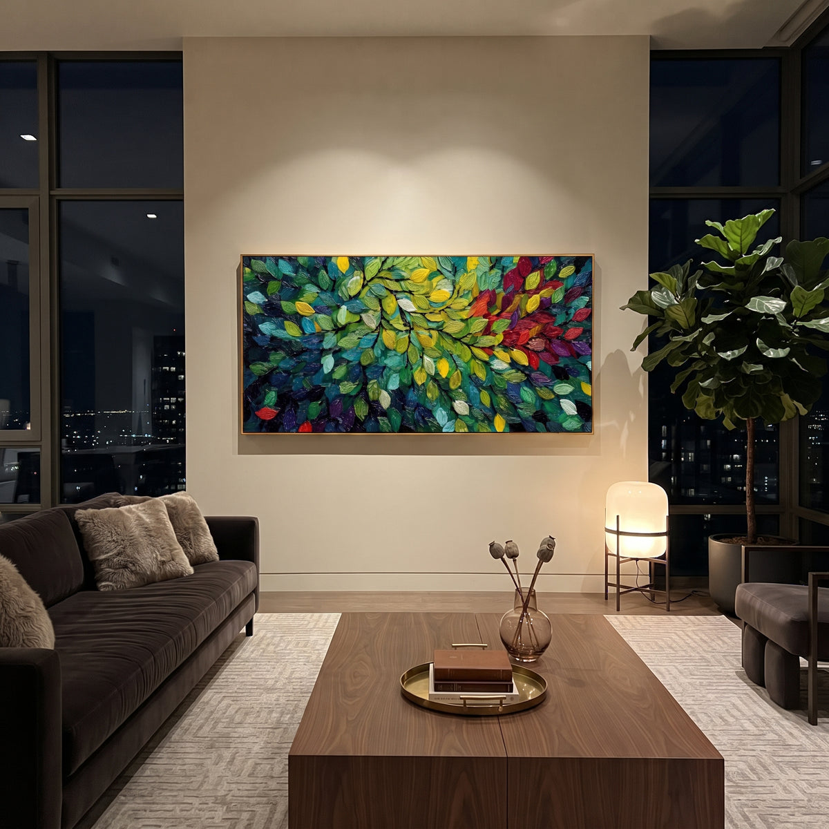 "Colorful Forest Leaves Painting" focuses on atmosphere, surface movement, and sculptural heavy impasto craftsmanship rather than a fixed literal storyline. The composition uses this hand-painted panoramic canvas presents a dense panoramic leaf canopy with emerald green, yellow, red, purple, and blue leaves over dark branch lines, with visible raised palette-knife paint and handmade surface depth as the visual anchor, while layered palette-knife paint, raised plaster-like texture, and softened