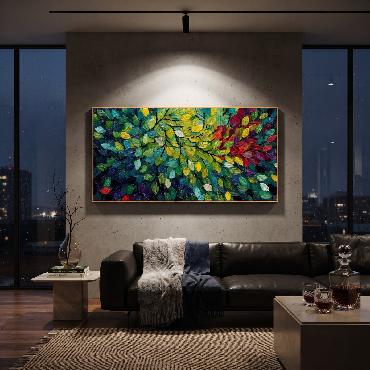 "Colorful Forest Leaves Painting" focuses on atmosphere, surface movement, and sculptural heavy impasto craftsmanship rather than a fixed literal storyline. The composition uses this hand-painted panoramic canvas presents a dense panoramic leaf canopy with emerald green, yellow, red, purple, and blue leaves over dark branch lines, with visible raised palette-knife paint and handmade surface depth as the visual anchor, while layered palette-knife paint, raised plaster-like texture, and softened
