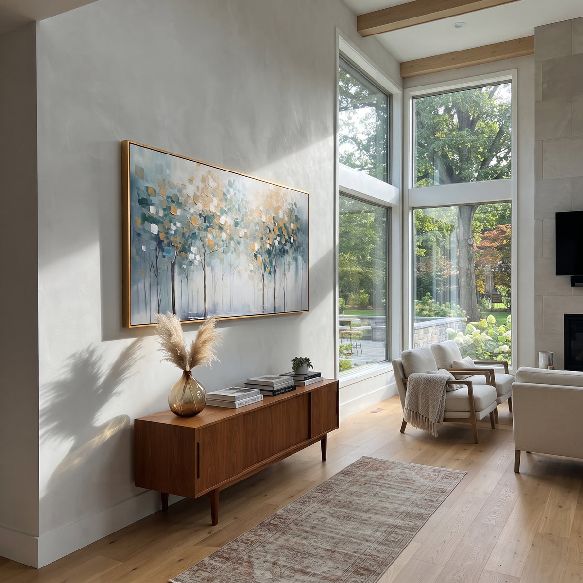 "Misty Abstract Forest Painting" focuses on atmosphere, surface movement, and sculptural heavy impasto craftsmanship rather than a fixed literal storyline. The composition uses this hand-painted panoramic canvas presents a panoramic misty forest with slim dark tree trunks, blue-grey atmosphere, white light, and soft ochre leaf blocks, with visible raised palette-knife paint and handmade surface depth as the visual anchor, while layered palette-knife paint, raised plaster-like texture, and
