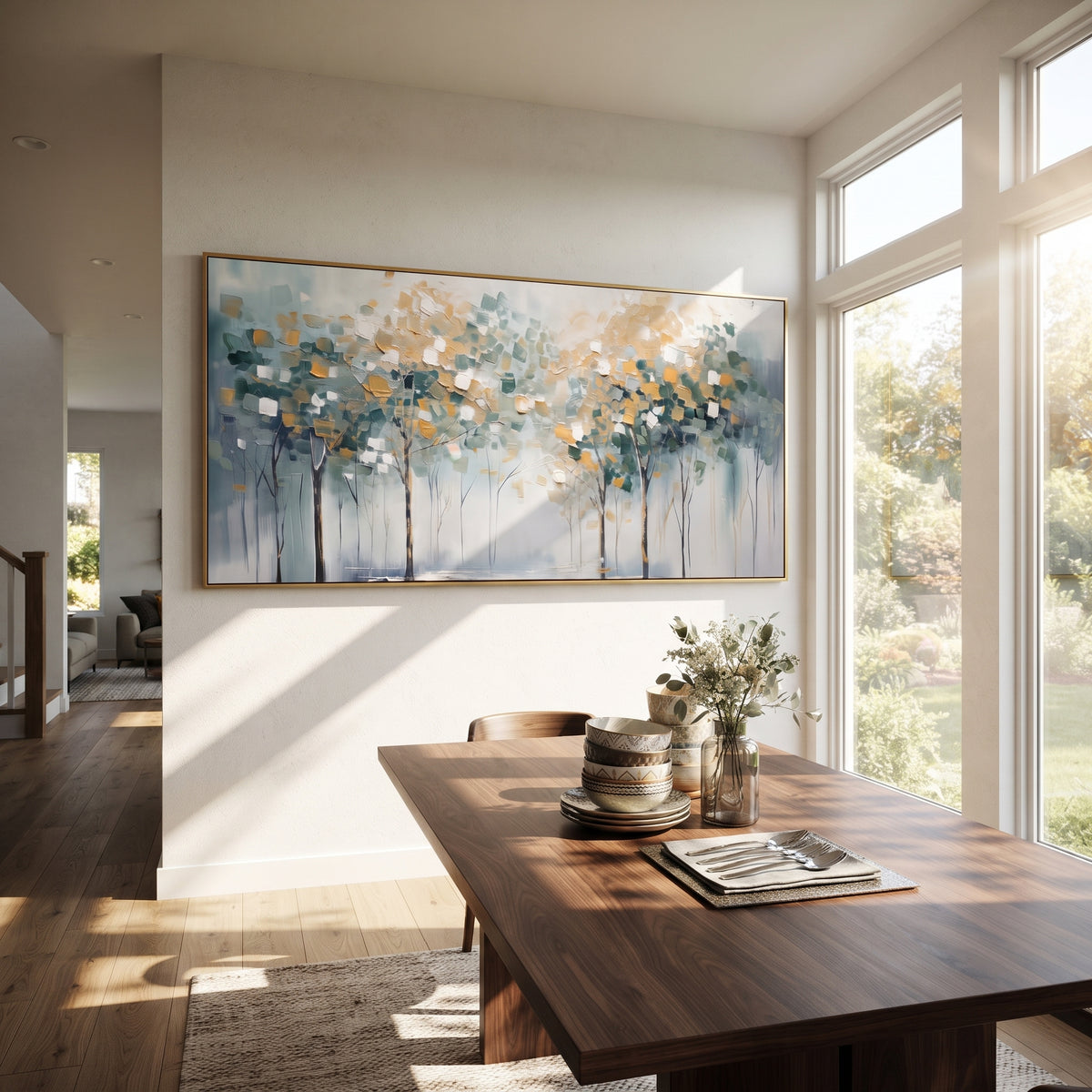 "Misty Abstract Forest Painting" focuses on atmosphere, surface movement, and sculptural heavy impasto craftsmanship rather than a fixed literal storyline. The composition uses this hand-painted panoramic canvas presents a panoramic misty forest with slim dark tree trunks, blue-grey atmosphere, white light, and soft ochre leaf blocks, with visible raised palette-knife paint and handmade surface depth as the visual anchor, while layered palette-knife paint, raised plaster-like texture, and