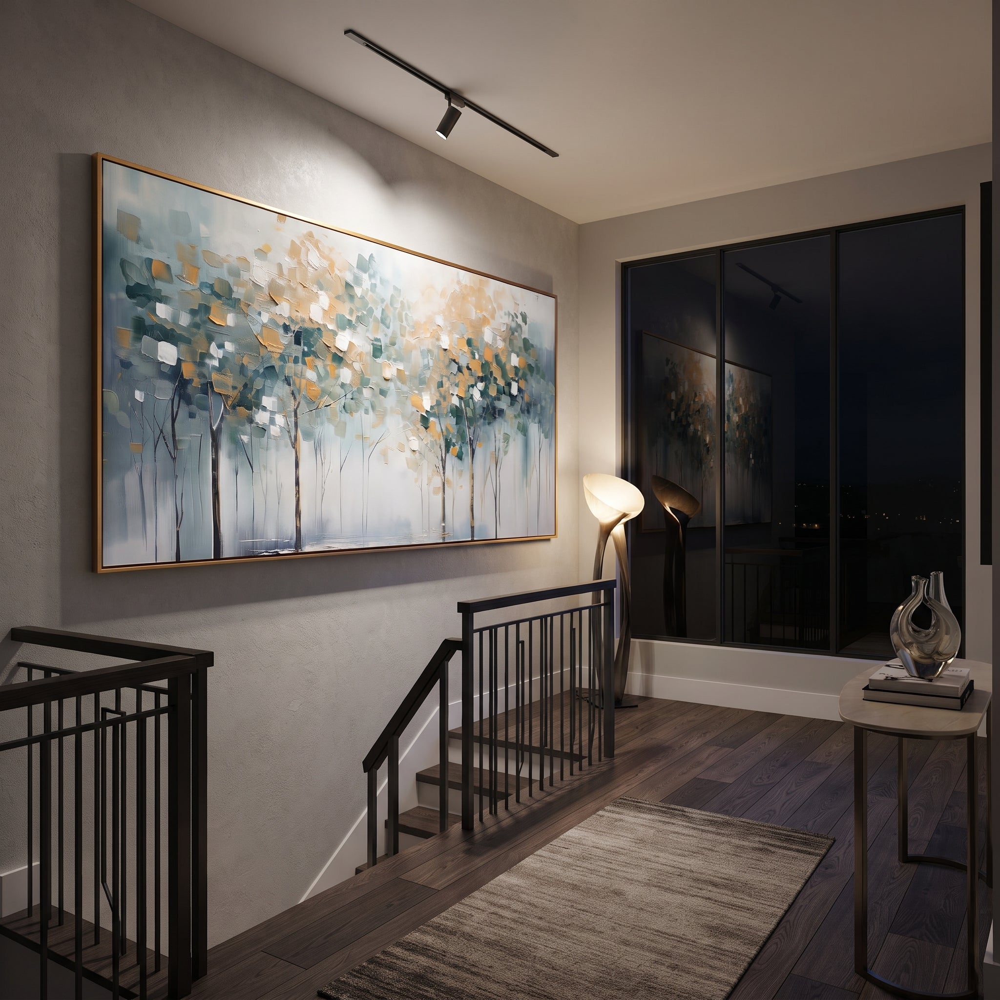 "Misty Abstract Forest Painting" focuses on atmosphere, surface movement, and sculptural heavy impasto craftsmanship rather than a fixed literal storyline. The composition uses this hand-painted panoramic canvas presents a panoramic misty forest with slim dark tree trunks, blue-grey atmosphere, white light, and soft ochre leaf blocks, with visible raised palette-knife paint and handmade surface depth as the visual anchor, while layered palette-knife paint, raised plaster-like texture, and