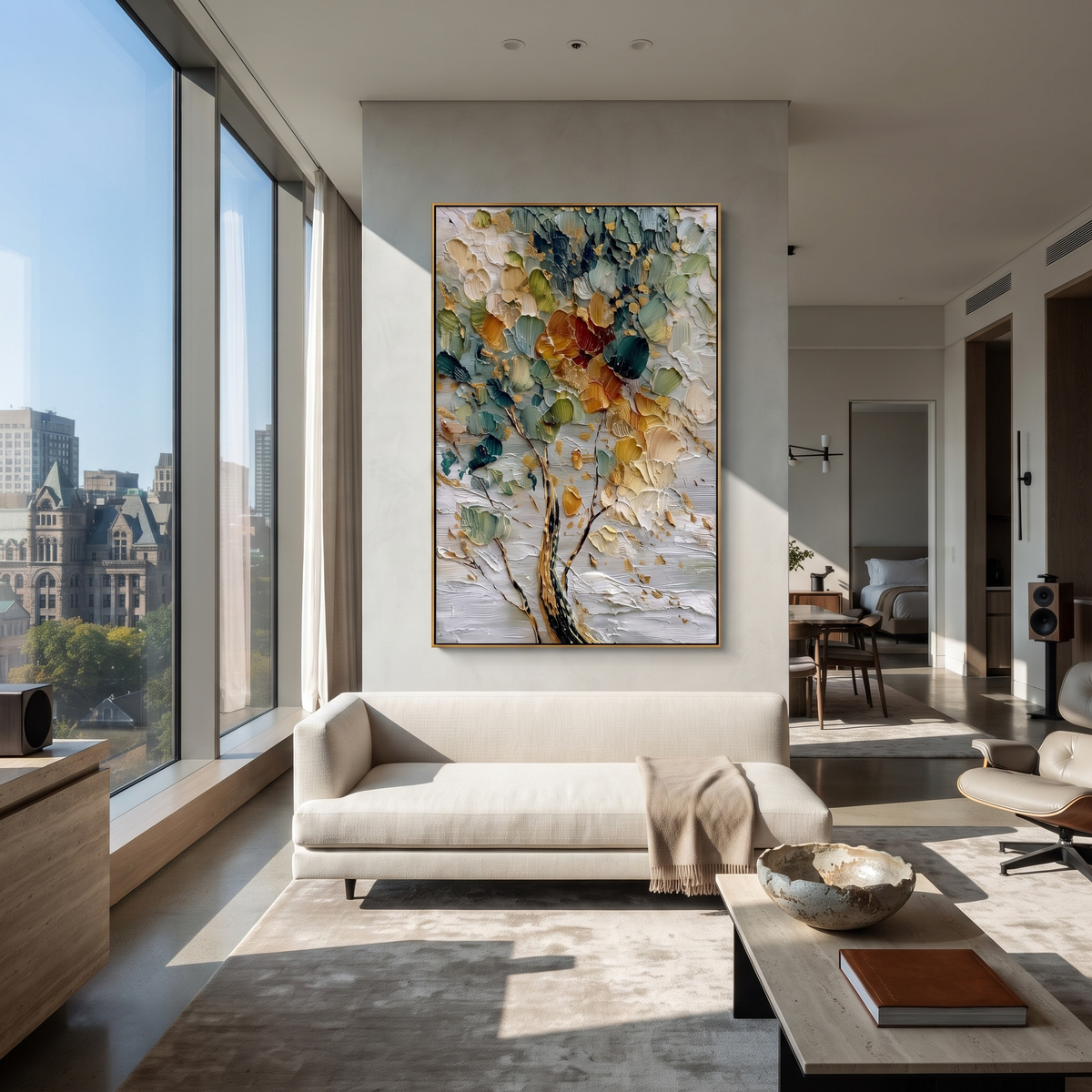 "Textured Color Leaf Tree Painting" focuses on atmosphere, surface movement, and sculptural heavy impasto craftsmanship rather than a fixed literal storyline. The composition uses this hand-painted vertical canvas presents a vertical close-up tree with teal-green leaves, cream petals, golden strokes, red-orange accents, and thick impasto texture, with visible raised palette-knife paint and handmade surface depth as the visual anchor, while layered palette-knife paint, raised plaster-like