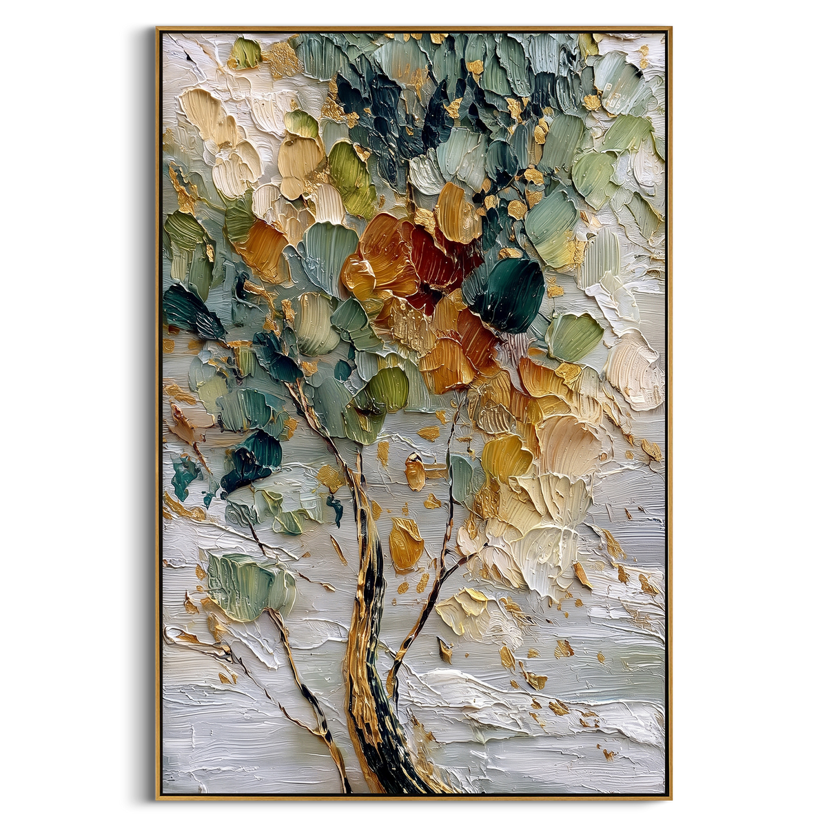"Textured Color Leaf Tree Painting" - Modern Heavy Impasto Floral Abstract | Green & Orange Palette Knife Painting | Luxury Vertical Wall Art #PT 1411