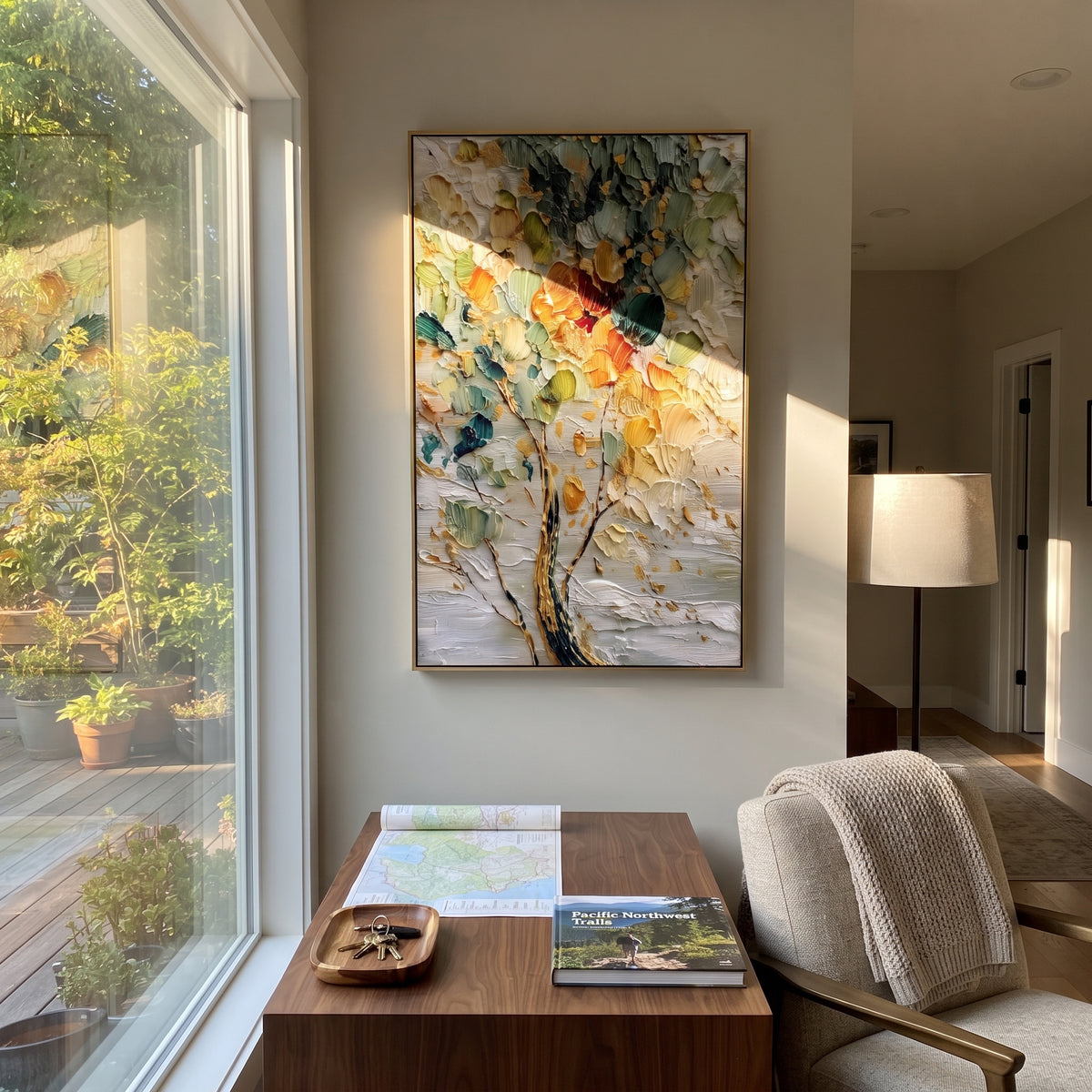 "Textured Color Leaf Tree Painting" focuses on atmosphere, surface movement, and sculptural heavy impasto craftsmanship rather than a fixed literal storyline. The composition uses this hand-painted vertical canvas presents a vertical close-up tree with teal-green leaves, cream petals, golden strokes, red-orange accents, and thick impasto texture, with visible raised palette-knife paint and handmade surface depth as the visual anchor, while layered palette-knife paint, raised plaster-like