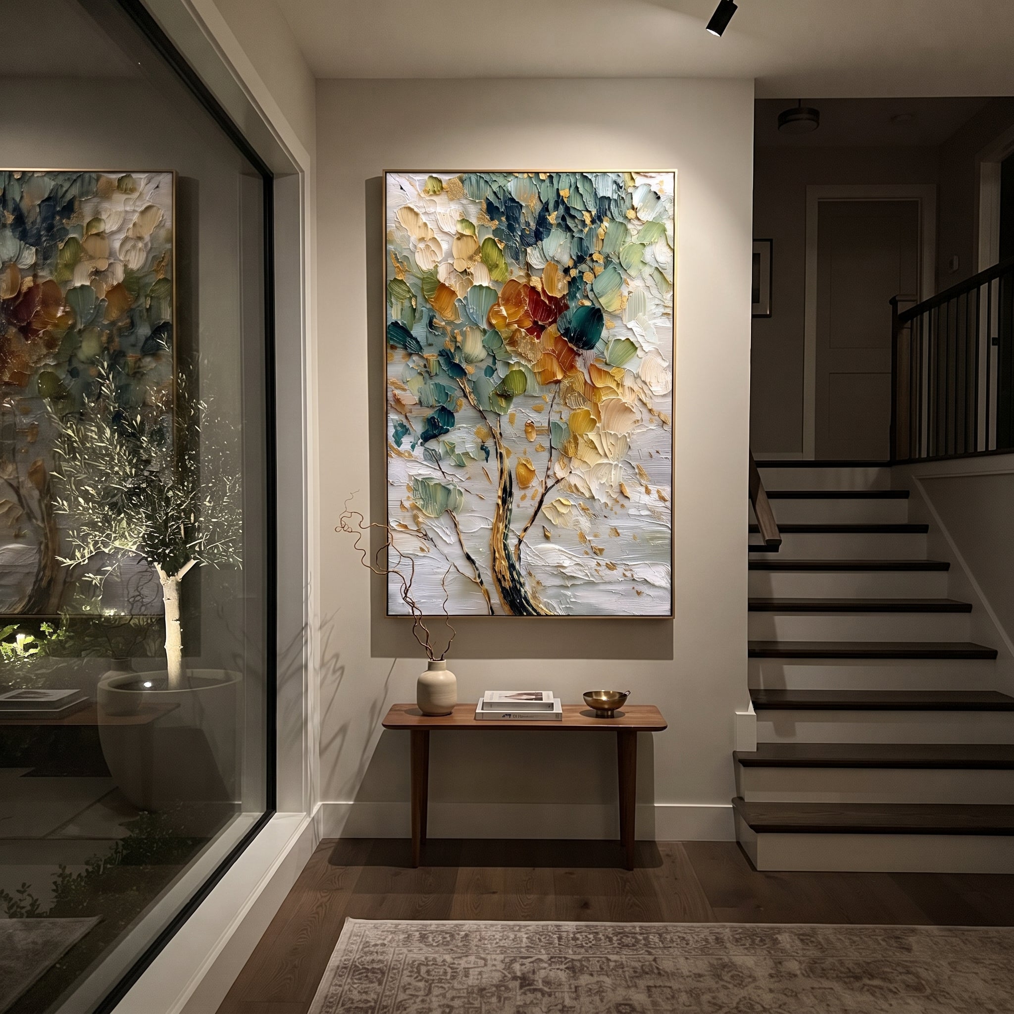 "Textured Color Leaf Tree Painting" focuses on atmosphere, surface movement, and sculptural heavy impasto craftsmanship rather than a fixed literal storyline. The composition uses this hand-painted vertical canvas presents a vertical close-up tree with teal-green leaves, cream petals, golden strokes, red-orange accents, and thick impasto texture, with visible raised palette-knife paint and handmade surface depth as the visual anchor, while layered palette-knife paint, raised plaster-like