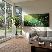 "Deep Green Leaf Branch Painting" focuses on atmosphere, surface movement, and sculptural heavy impasto craftsmanship rather than a fixed literal storyline. The composition uses this hand-painted panoramic canvas presents a deep green panoramic branch composition with diagonal leafy stems, pale cream leaf highlights, and dense dark woodland texture, with visible raised palette-knife paint and handmade surface depth as the visual anchor, while layered palette-knife paint, raised plaster-like