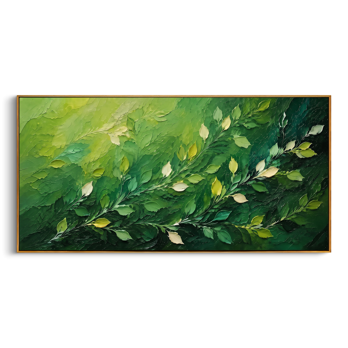 "Deep Green Leaf Branch Painting" - Modern Heavy Impasto Abstract Artwork | Natural & White Palette Knife Painting | Luxury Horizontal Wall Art #PT 1412