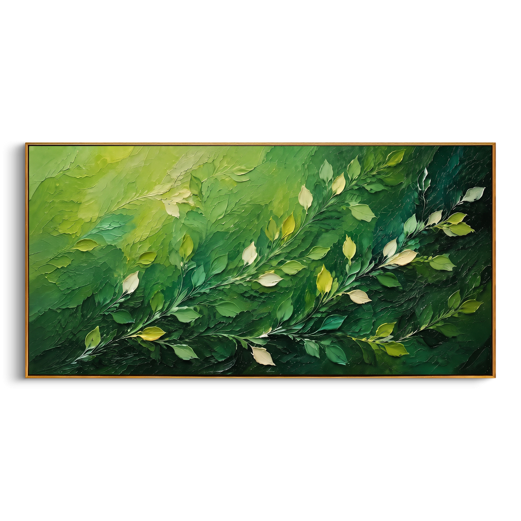"Deep Green Leaf Branch Painting" focuses on atmosphere, surface movement, and sculptural heavy impasto craftsmanship rather than a fixed literal storyline. The composition uses this hand-painted panoramic canvas presents a deep green panoramic branch composition with diagonal leafy stems, pale cream leaf highlights, and dense dark woodland texture, with visible raised palette-knife paint and handmade surface depth as the visual anchor, while layered palette-knife paint, raised plaster-like