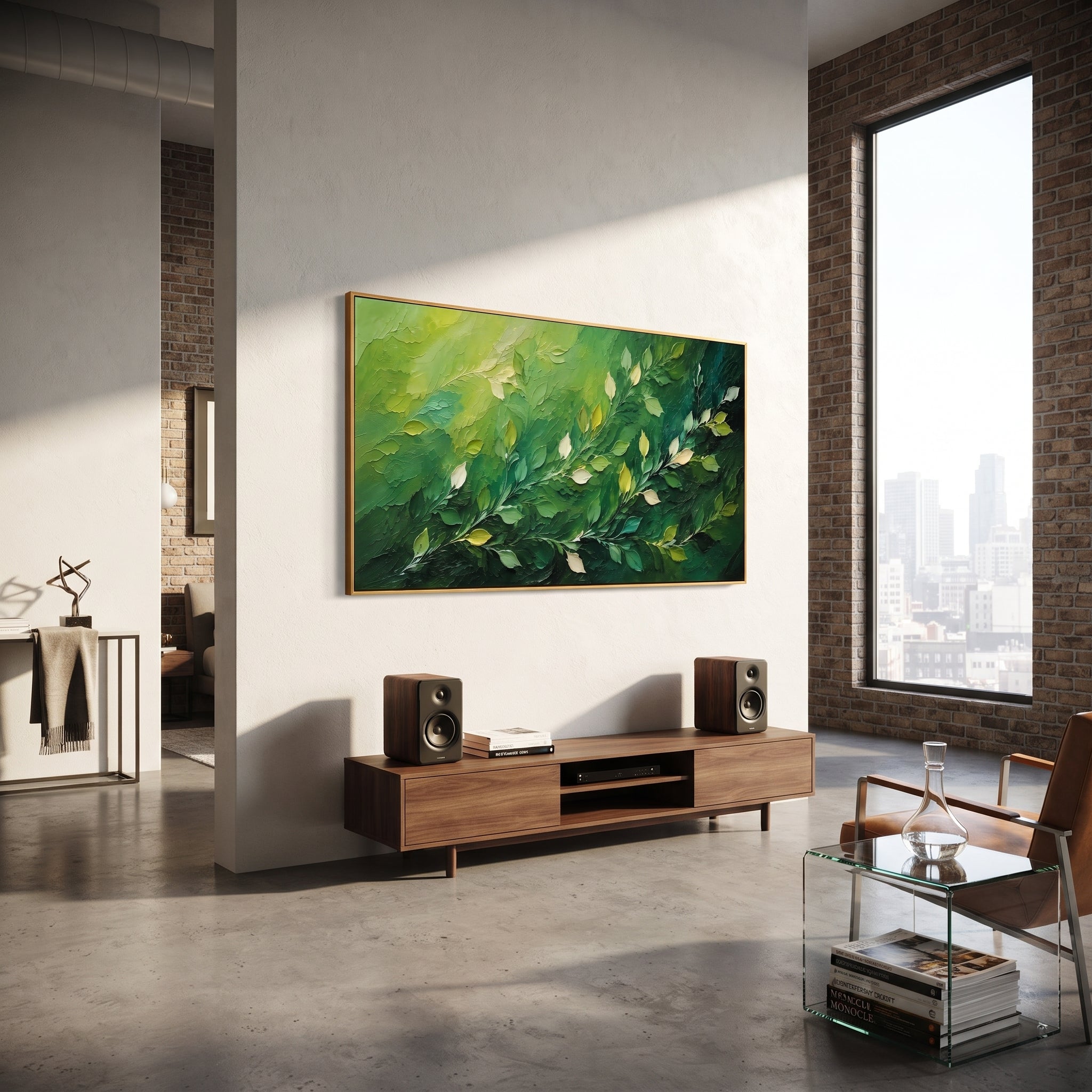"Deep Green Leaf Branch Painting" focuses on atmosphere, surface movement, and sculptural heavy impasto craftsmanship rather than a fixed literal storyline. The composition uses this hand-painted panoramic canvas presents a deep green panoramic branch composition with diagonal leafy stems, pale cream leaf highlights, and dense dark woodland texture, with visible raised palette-knife paint and handmade surface depth as the visual anchor, while layered palette-knife paint, raised plaster-like
