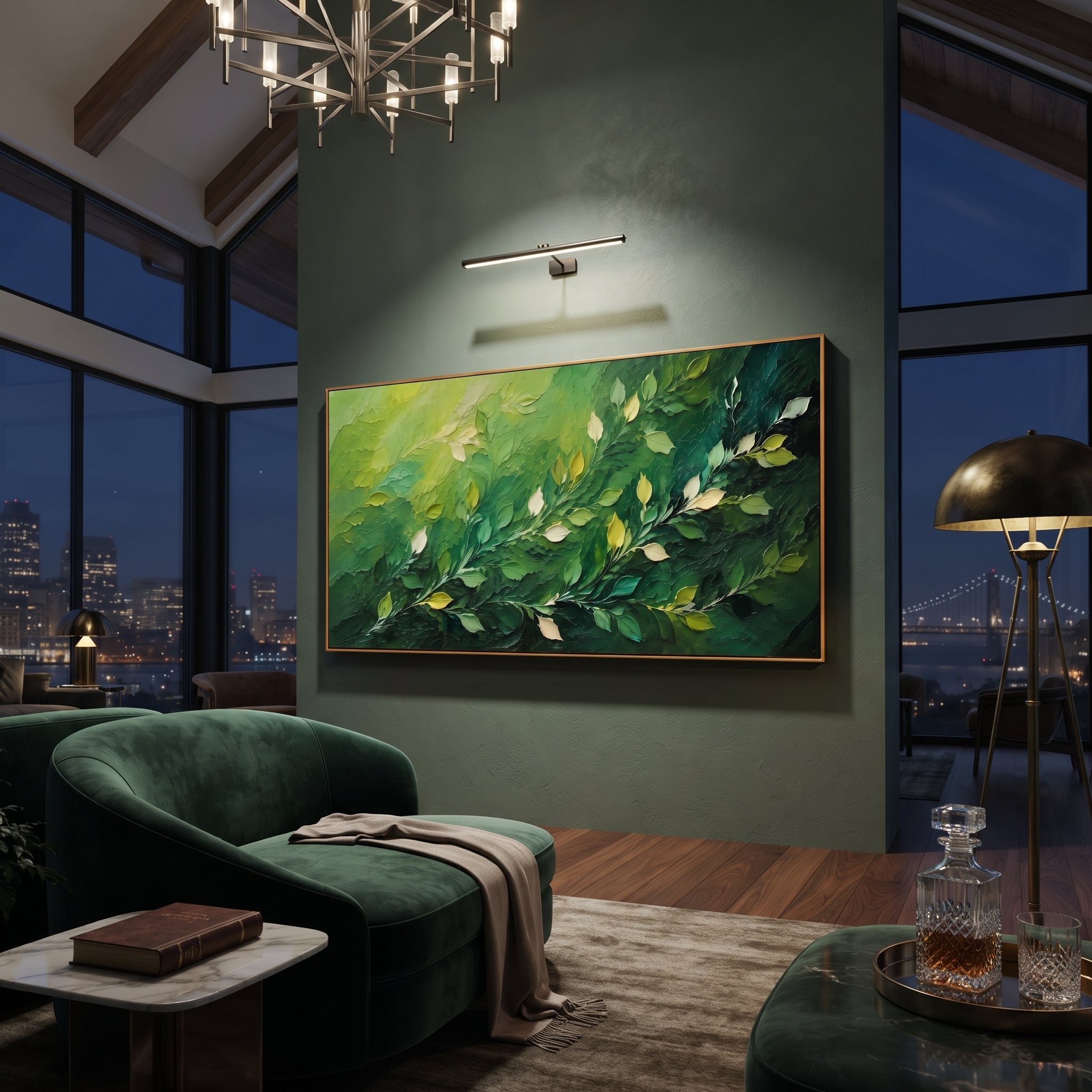 "Deep Green Leaf Branch Painting" focuses on atmosphere, surface movement, and sculptural heavy impasto craftsmanship rather than a fixed literal storyline. The composition uses this hand-painted panoramic canvas presents a deep green panoramic branch composition with diagonal leafy stems, pale cream leaf highlights, and dense dark woodland texture, with visible raised palette-knife paint and handmade surface depth as the visual anchor, while layered palette-knife paint, raised plaster-like