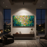 "Bright Color Forest Branch Painting" focuses on atmosphere, surface movement, and sculptural heavy impasto craftsmanship rather than a fixed literal storyline. The composition uses this hand-painted panoramic canvas presents a panoramic branch canopy with yellow, orange, pink, and green leaves over dark sweeping limbs and a textured green-white center, with visible raised palette-knife paint and handmade surface depth as the visual anchor, while layered palette-knife paint, raised plaster-like