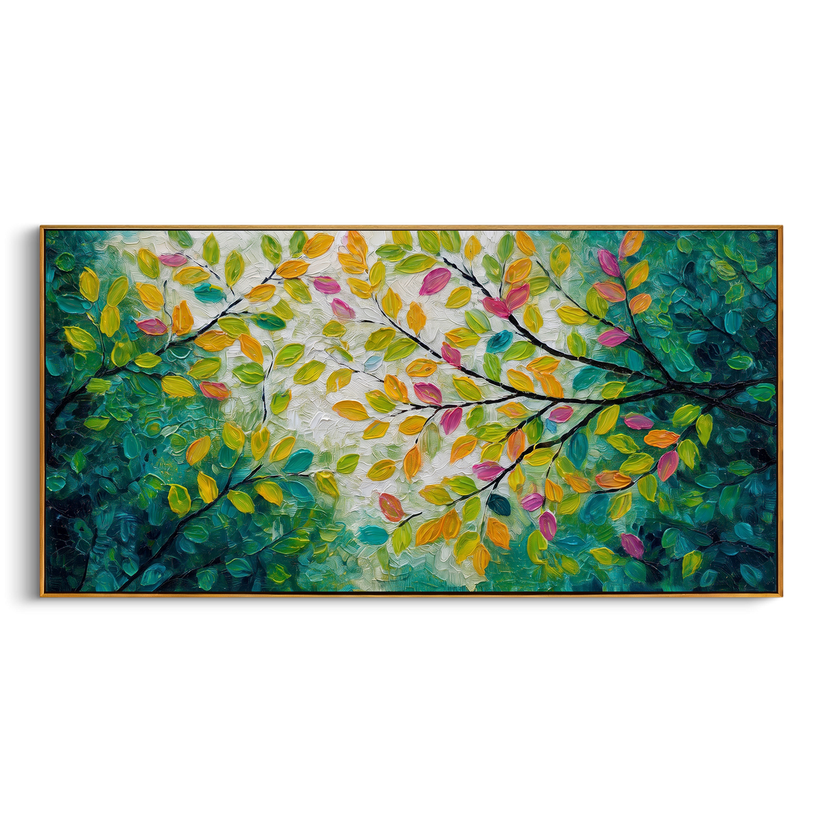 "Bright Color Forest Branch Painting" - Modern Heavy Impasto Abstract Artwork | Natural & Yellow Palette Knife Painting | Luxury Horizontal Wall Art #PT 1413