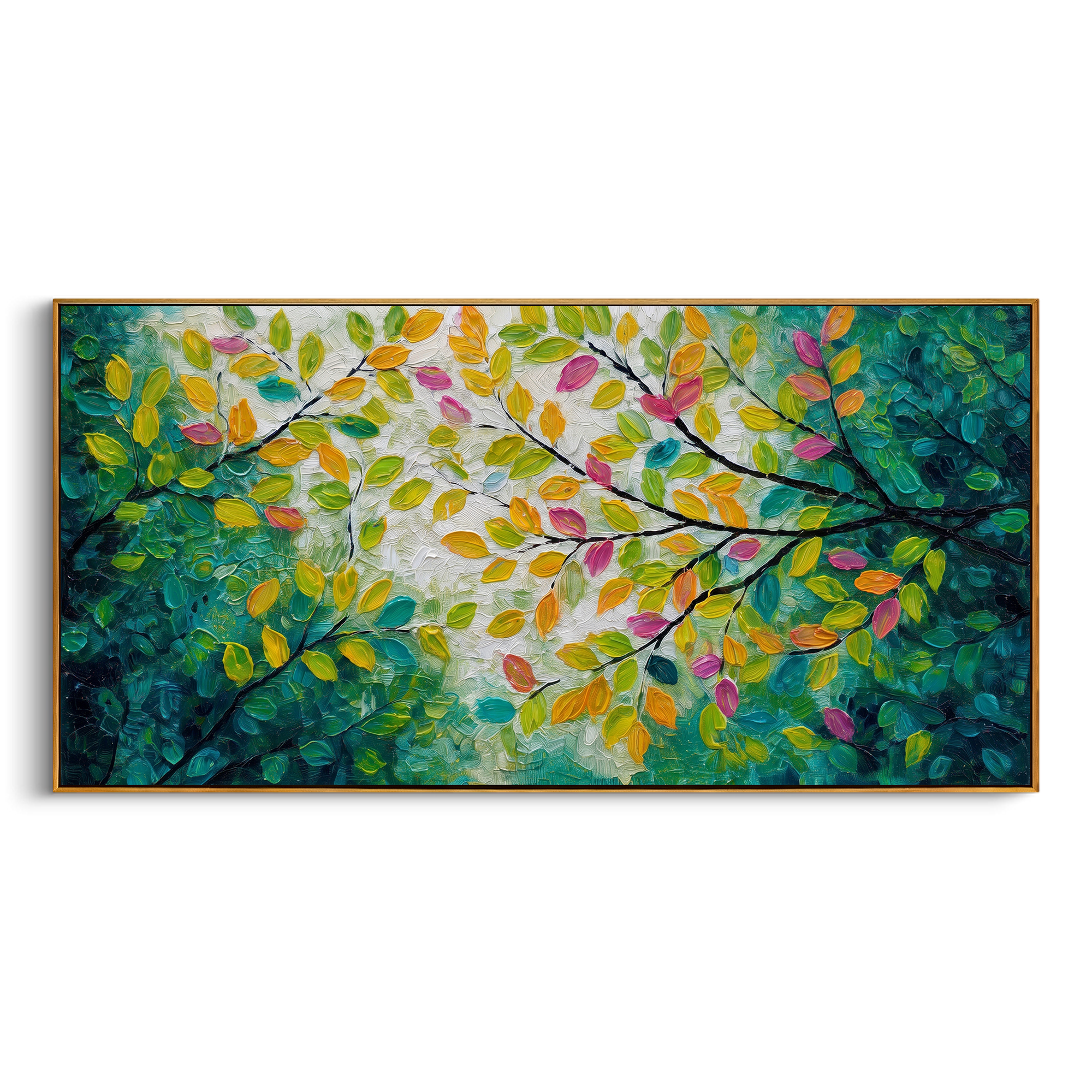 "Bright Color Forest Branch Painting" focuses on atmosphere, surface movement, and sculptural heavy impasto craftsmanship rather than a fixed literal storyline. The composition uses this hand-painted panoramic canvas presents a panoramic branch canopy with yellow, orange, pink, and green leaves over dark sweeping limbs and a textured green-white center, with visible raised palette-knife paint and handmade surface depth as the visual anchor, while layered palette-knife paint, raised plaster-like