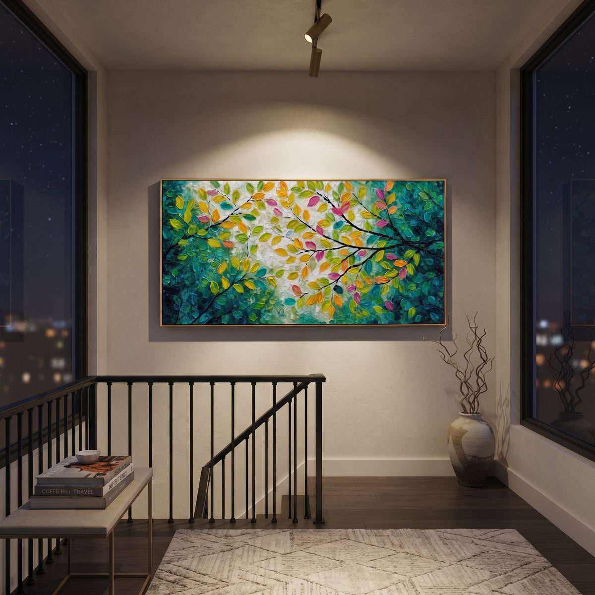 "Bright Color Forest Branch Painting" focuses on atmosphere, surface movement, and sculptural heavy impasto craftsmanship rather than a fixed literal storyline. The composition uses this hand-painted panoramic canvas presents a panoramic branch canopy with yellow, orange, pink, and green leaves over dark sweeping limbs and a textured green-white center, with visible raised palette-knife paint and handmade surface depth as the visual anchor, while layered palette-knife paint, raised plaster-like