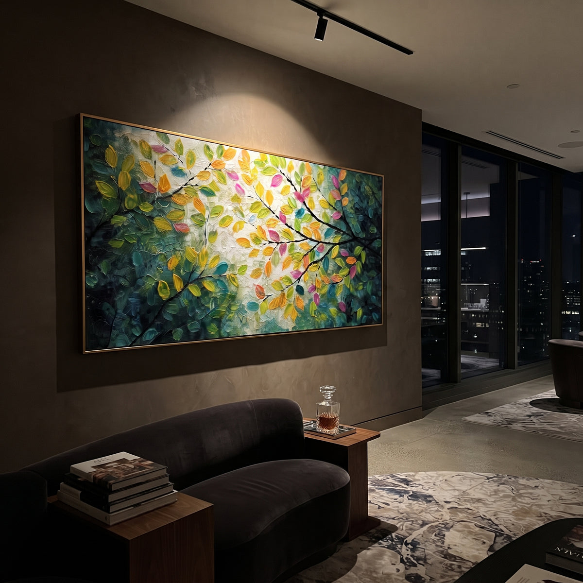 "Bright Color Forest Branch Painting" focuses on atmosphere, surface movement, and sculptural heavy impasto craftsmanship rather than a fixed literal storyline. The composition uses this hand-painted panoramic canvas presents a panoramic branch canopy with yellow, orange, pink, and green leaves over dark sweeping limbs and a textured green-white center, with visible raised palette-knife paint and handmade surface depth as the visual anchor, while layered palette-knife paint, raised plaster-like