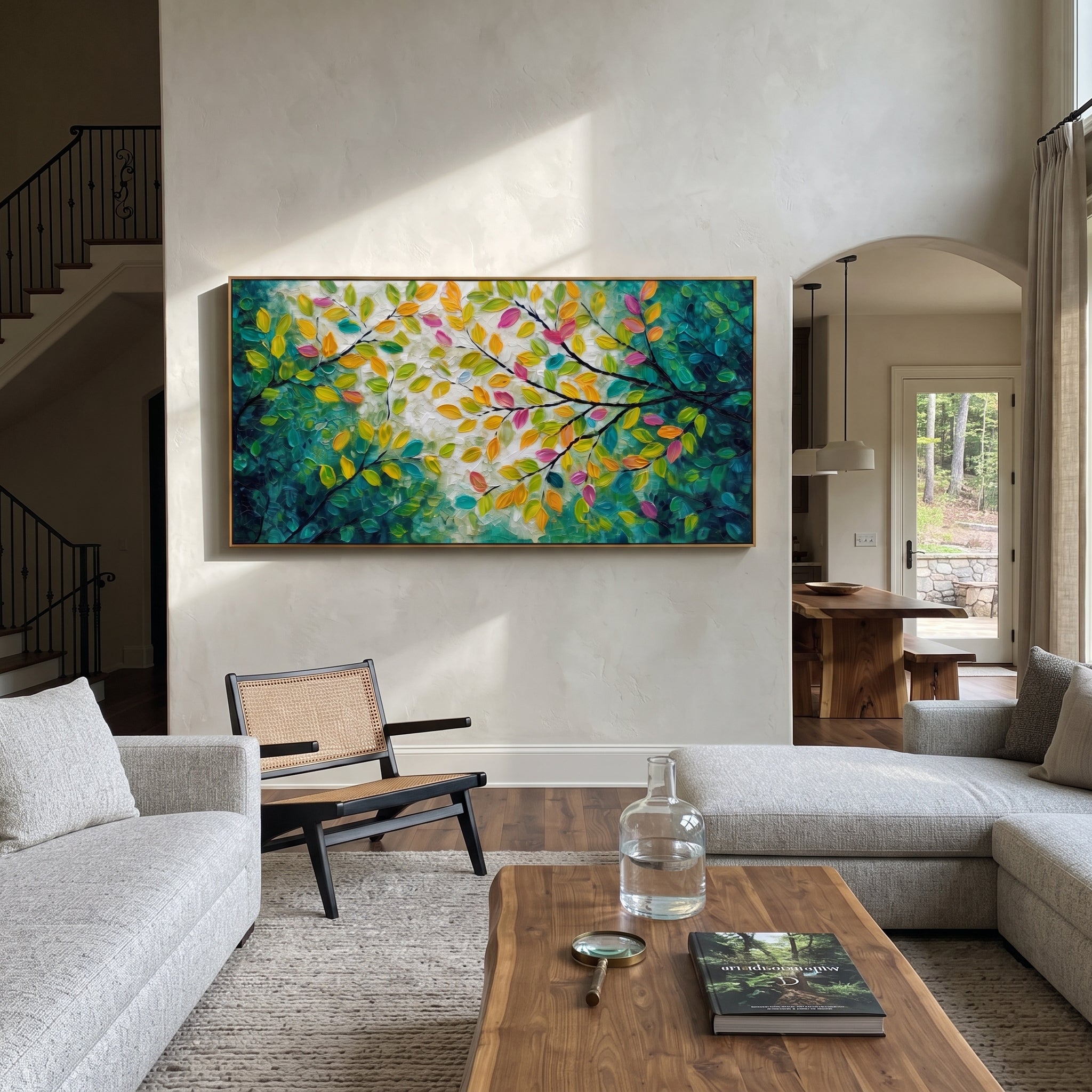 "Bright Color Forest Branch Painting" focuses on atmosphere, surface movement, and sculptural heavy impasto craftsmanship rather than a fixed literal storyline. The composition uses this hand-painted panoramic canvas presents a panoramic branch canopy with yellow, orange, pink, and green leaves over dark sweeping limbs and a textured green-white center, with visible raised palette-knife paint and handmade surface depth as the visual anchor, while layered palette-knife paint, raised plaster-like