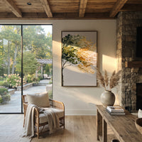 "White Gold Leaning Tree Painting" focuses on atmosphere, surface movement, and sculptural heavy impasto craftsmanship rather than a fixed literal storyline. The composition uses this hand-painted vertical canvas presents a vertical leaning tree with dark green foliage on the left, creamy white and golden leaf mass on the right, and a clean pale background, with visible raised palette-knife paint and handmade surface depth as the visual anchor, while layered palette-knife paint, raised