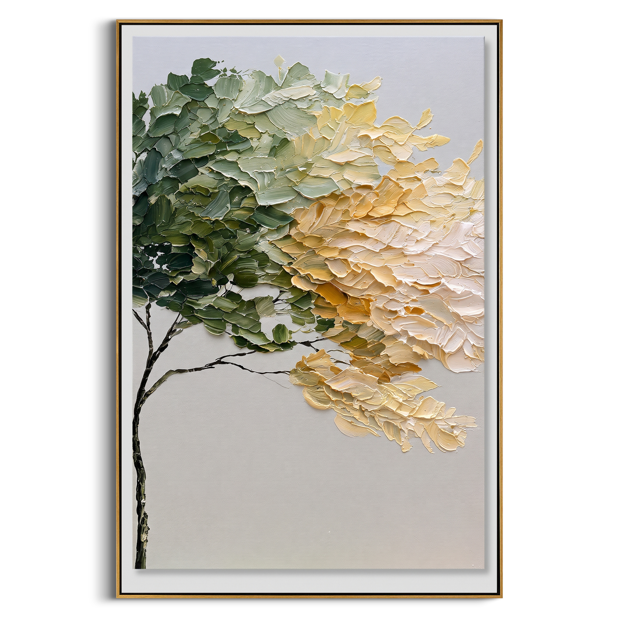 "White Gold Leaning Tree Painting" focuses on atmosphere, surface movement, and sculptural heavy impasto craftsmanship rather than a fixed literal storyline. The composition uses this hand-painted vertical canvas presents a vertical leaning tree with dark green foliage on the left, creamy white and golden leaf mass on the right, and a clean pale background, with visible raised palette-knife paint and handmade surface depth as the visual anchor, while layered palette-knife paint, raised