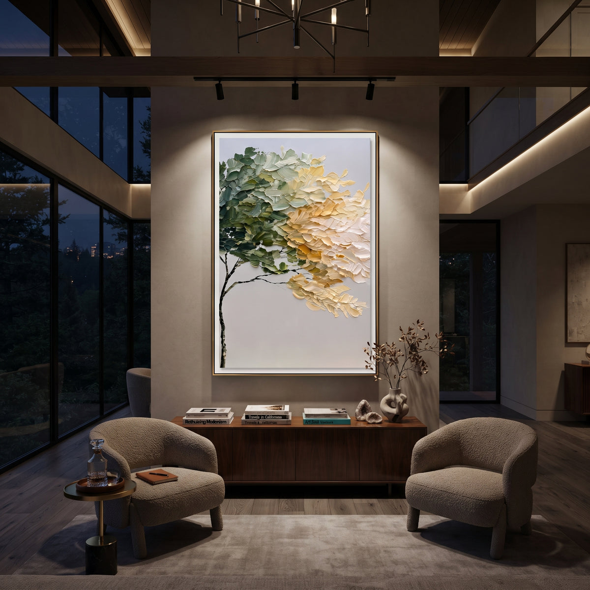 "White Gold Leaning Tree Painting" focuses on atmosphere, surface movement, and sculptural heavy impasto craftsmanship rather than a fixed literal storyline. The composition uses this hand-painted vertical canvas presents a vertical leaning tree with dark green foliage on the left, creamy white and golden leaf mass on the right, and a clean pale background, with visible raised palette-knife paint and handmade surface depth as the visual anchor, while layered palette-knife paint, raised