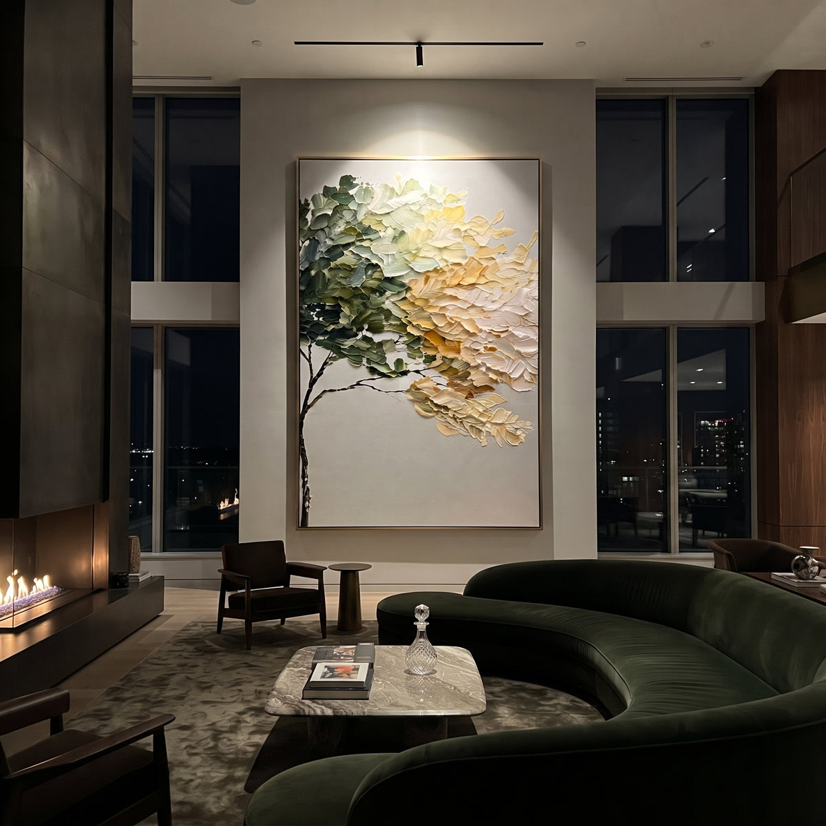 "White Gold Leaning Tree Painting" focuses on atmosphere, surface movement, and sculptural heavy impasto craftsmanship rather than a fixed literal storyline. The composition uses this hand-painted vertical canvas presents a vertical leaning tree with dark green foliage on the left, creamy white and golden leaf mass on the right, and a clean pale background, with visible raised palette-knife paint and handmade surface depth as the visual anchor, while layered palette-knife paint, raised