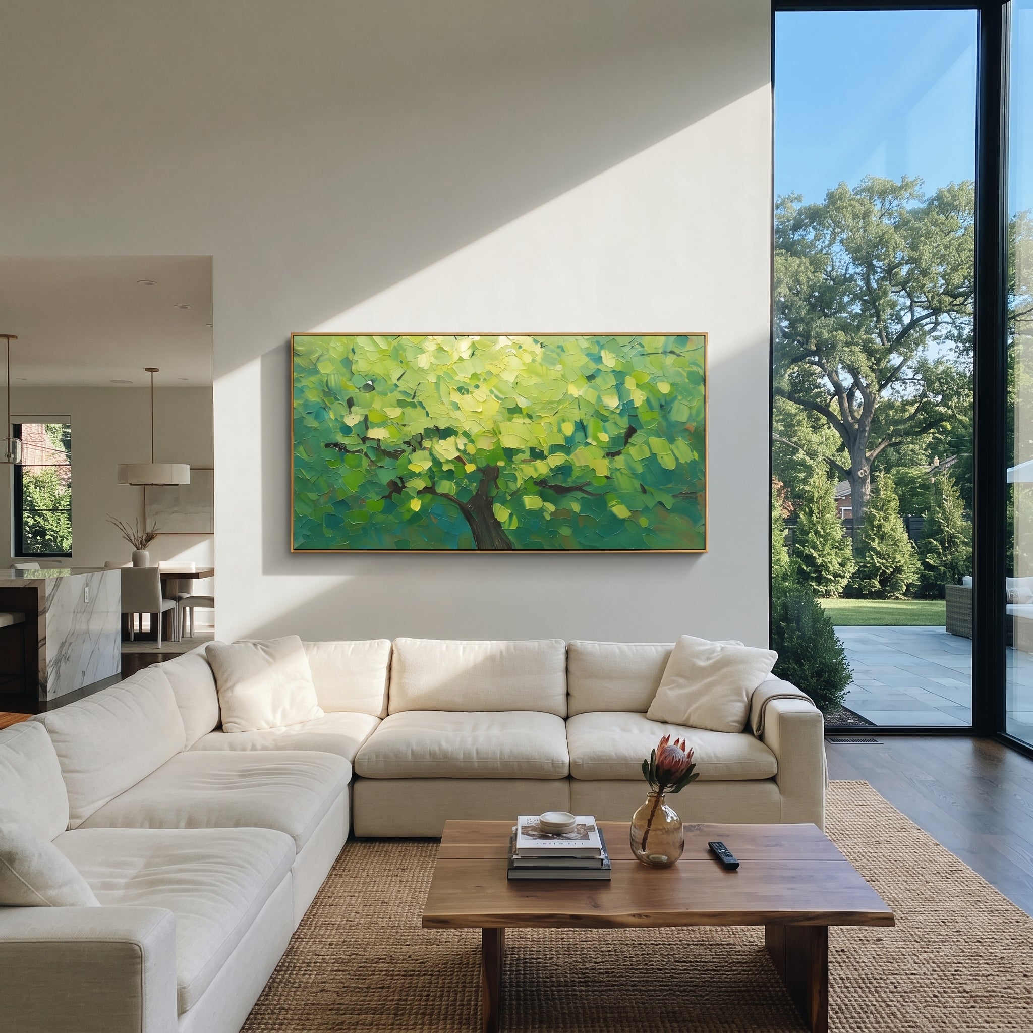 "Fresh Green Canopy Painting" focuses on atmosphere, surface movement, and sculptural heavy impasto craftsmanship rather than a fixed literal storyline. The composition uses this hand-painted panoramic canvas presents a bright panoramic forest canopy filled with fresh lime and emerald green leaves, dark branches, and dense palette-knife texture, with visible raised palette-knife paint and handmade surface depth as the visual anchor, while layered palette-knife paint, raised plaster-like texture