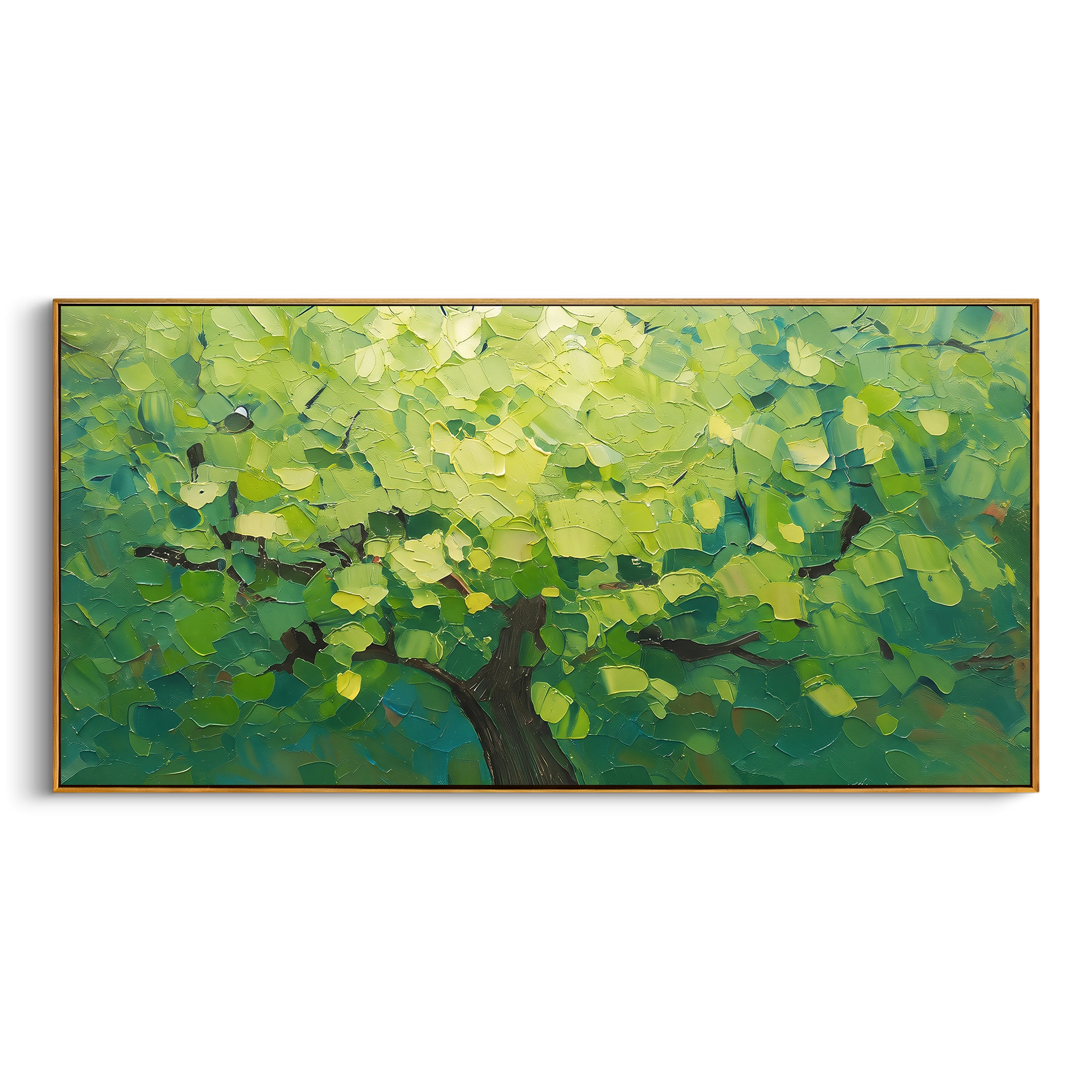"Fresh Green Canopy Painting" focuses on atmosphere, surface movement, and sculptural heavy impasto craftsmanship rather than a fixed literal storyline. The composition uses this hand-painted panoramic canvas presents a bright panoramic forest canopy filled with fresh lime and emerald green leaves, dark branches, and dense palette-knife texture, with visible raised palette-knife paint and handmade surface depth as the visual anchor, while layered palette-knife paint, raised plaster-like texture