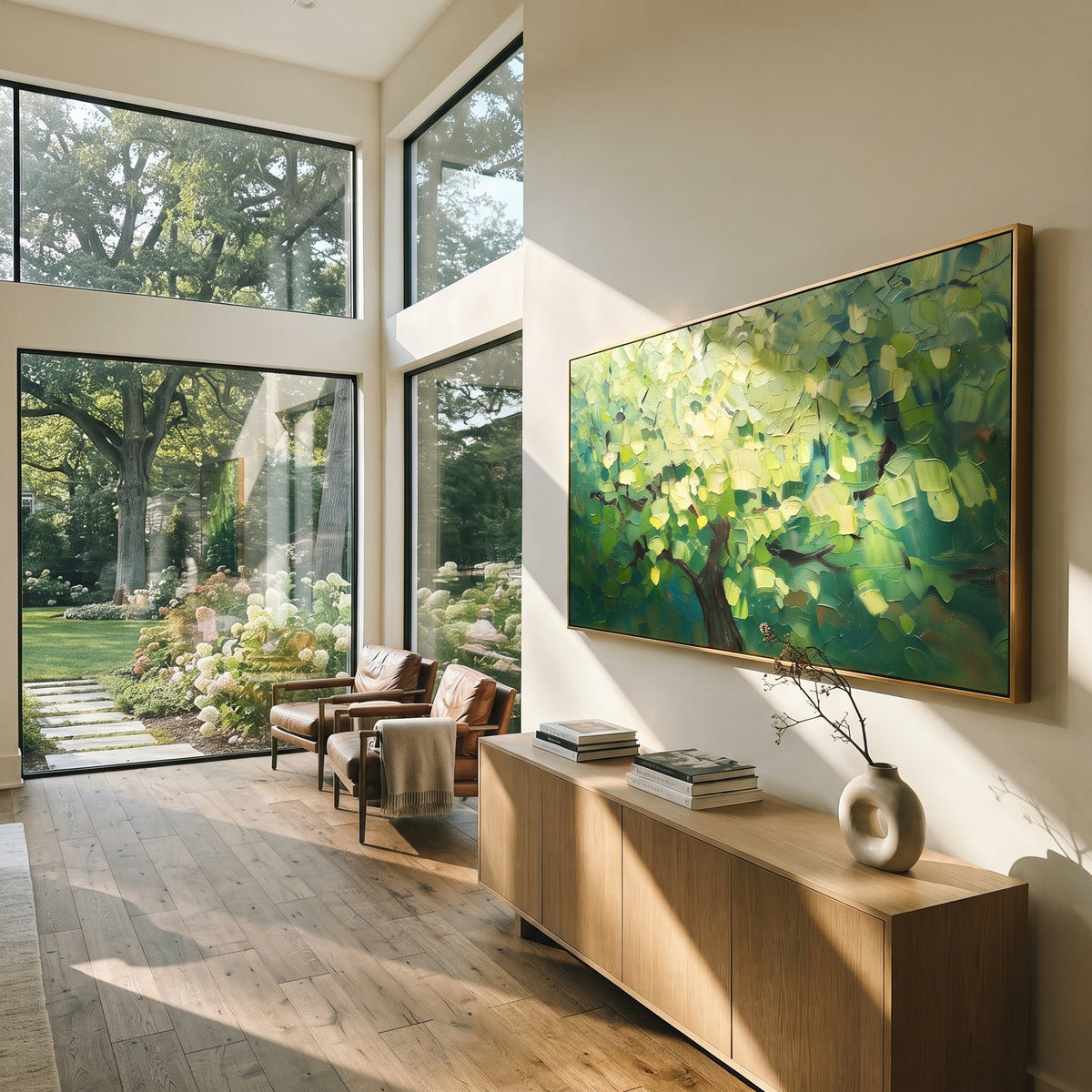 "Fresh Green Canopy Painting" focuses on atmosphere, surface movement, and sculptural heavy impasto craftsmanship rather than a fixed literal storyline. The composition uses this hand-painted panoramic canvas presents a bright panoramic forest canopy filled with fresh lime and emerald green leaves, dark branches, and dense palette-knife texture, with visible raised palette-knife paint and handmade surface depth as the visual anchor, while layered palette-knife paint, raised plaster-like texture
