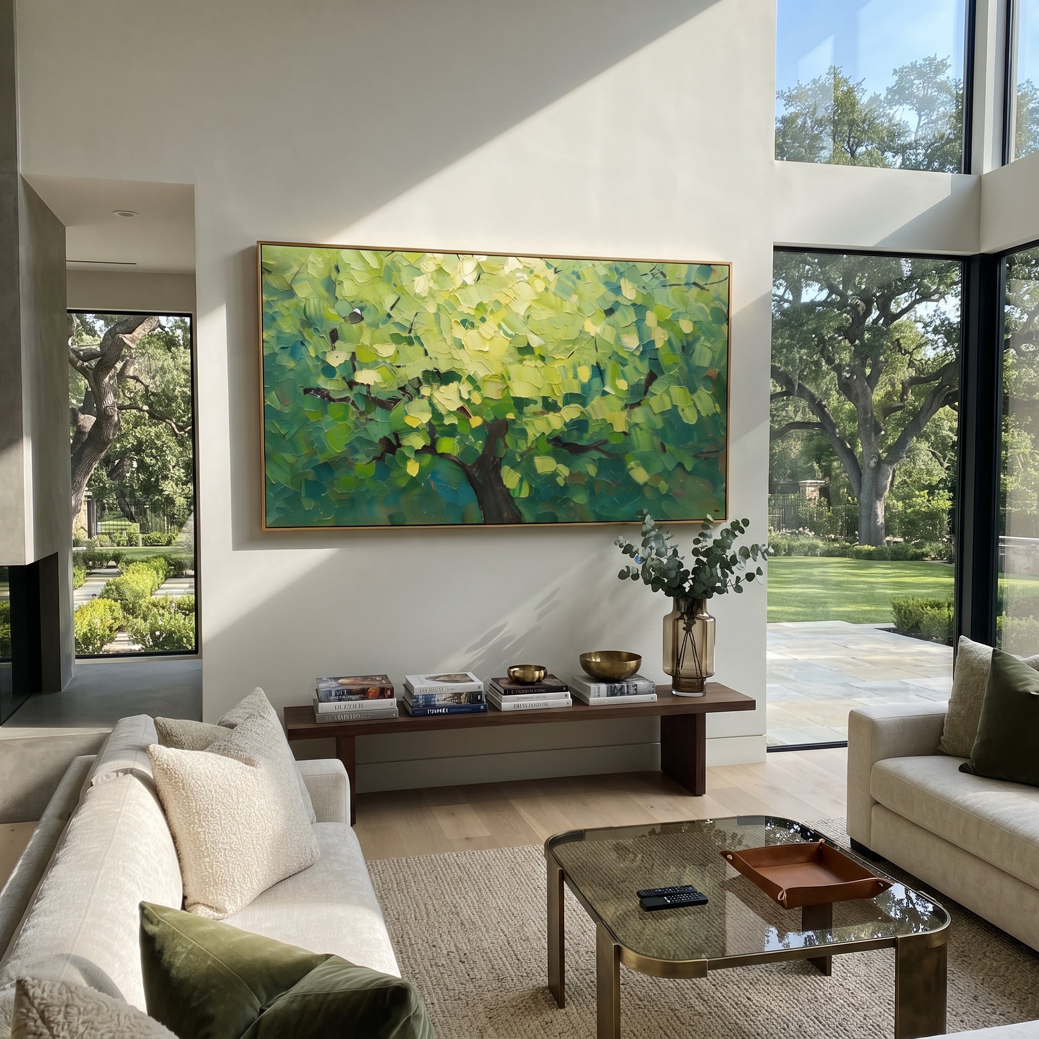 "Fresh Green Canopy Painting" focuses on atmosphere, surface movement, and sculptural heavy impasto craftsmanship rather than a fixed literal storyline. The composition uses this hand-painted panoramic canvas presents a bright panoramic forest canopy filled with fresh lime and emerald green leaves, dark branches, and dense palette-knife texture, with visible raised palette-knife paint and handmade surface depth as the visual anchor, while layered palette-knife paint, raised plaster-like texture