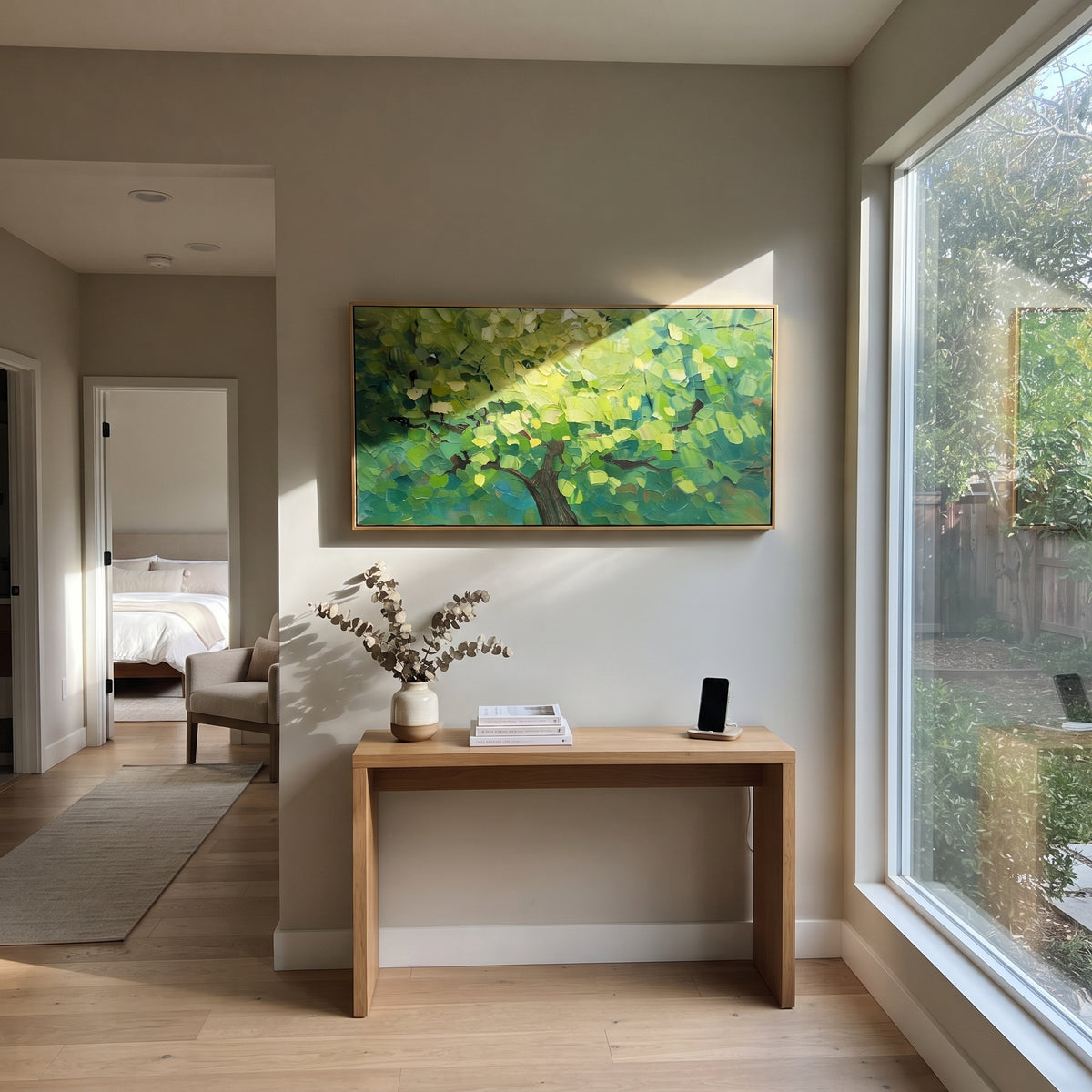 "Fresh Green Canopy Painting" focuses on atmosphere, surface movement, and sculptural heavy impasto craftsmanship rather than a fixed literal storyline. The composition uses this hand-painted panoramic canvas presents a bright panoramic forest canopy filled with fresh lime and emerald green leaves, dark branches, and dense palette-knife texture, with visible raised palette-knife paint and handmade surface depth as the visual anchor, while layered palette-knife paint, raised plaster-like texture
