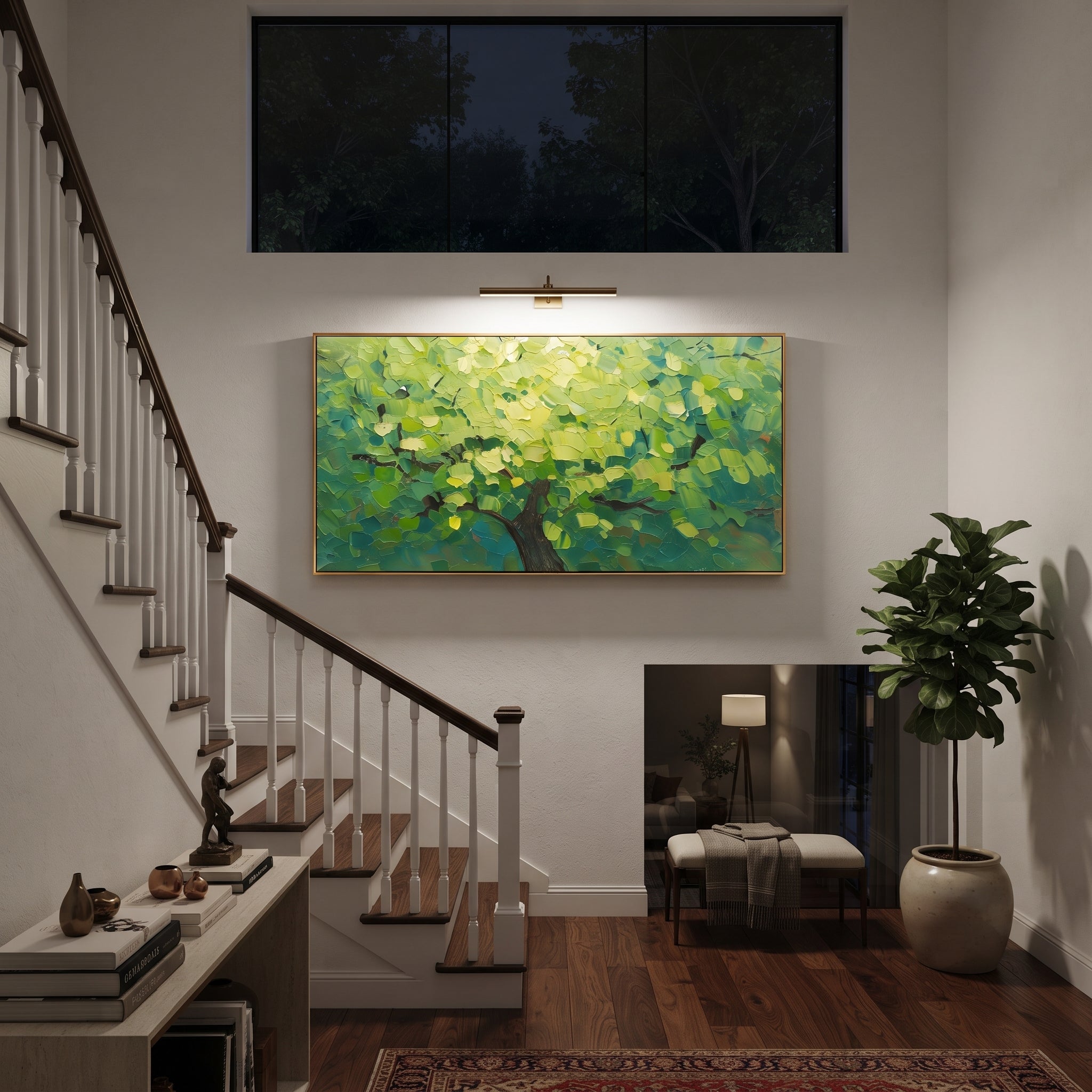 "Fresh Green Canopy Painting" focuses on atmosphere, surface movement, and sculptural heavy impasto craftsmanship rather than a fixed literal storyline. The composition uses this hand-painted panoramic canvas presents a bright panoramic forest canopy filled with fresh lime and emerald green leaves, dark branches, and dense palette-knife texture, with visible raised palette-knife paint and handmade surface depth as the visual anchor, while layered palette-knife paint, raised plaster-like texture