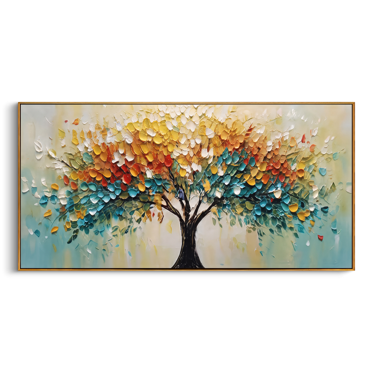 "Rainbow Life Tree Painting" - Modern Heavy Impasto Abstract Artwork | Yellow & Orange Palette Knife Painting | Luxury Horizontal Wall Art #PT 1416