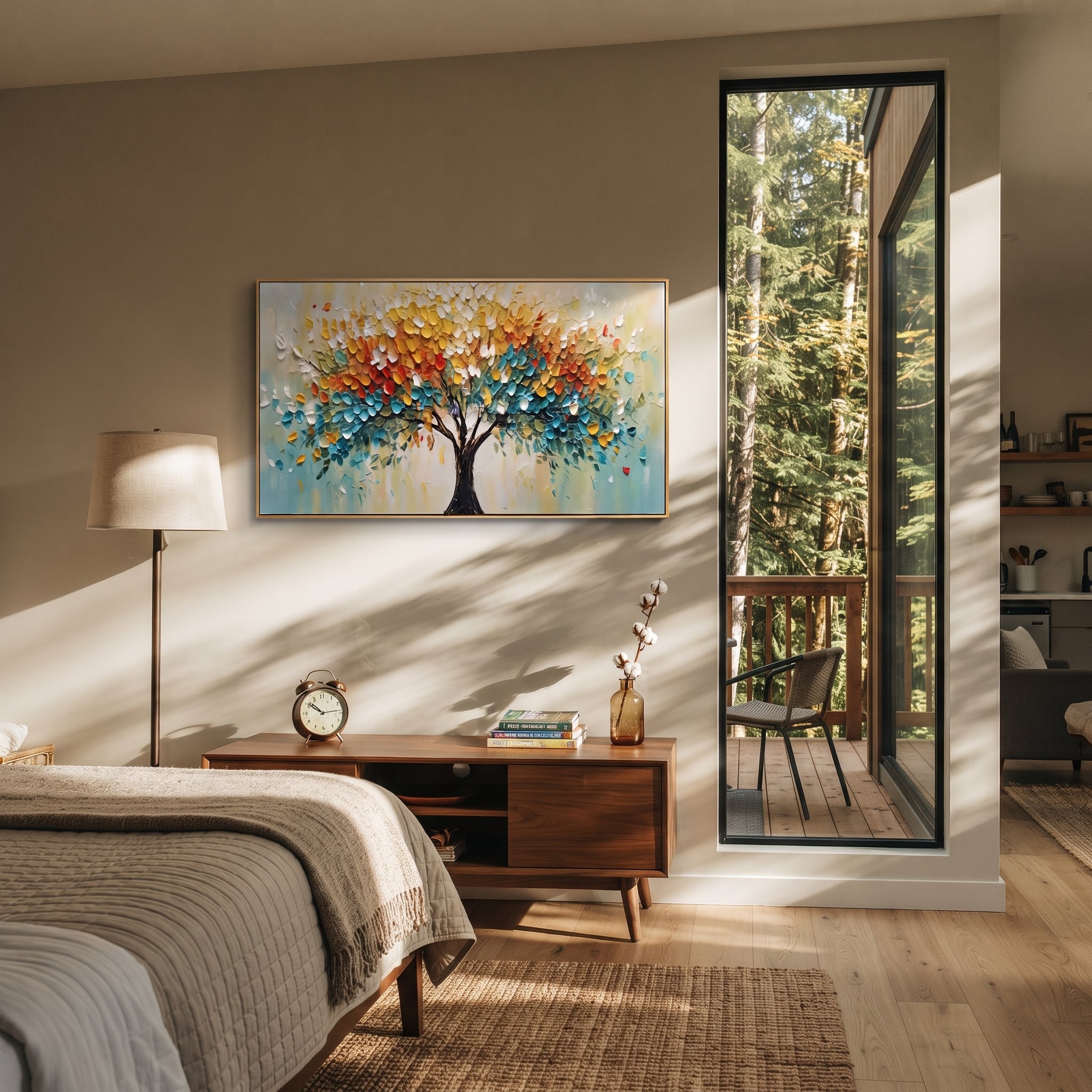 "Rainbow Life Tree Painting" focuses on atmosphere, surface movement, and sculptural heavy impasto craftsmanship rather than a fixed literal storyline. The composition uses this hand-painted panoramic canvas presents a panoramic life tree with a black trunk, bright yellow and orange foliage, teal-blue lower leaves, and lively raised impasto marks, with visible raised palette-knife paint and handmade surface depth as the visual anchor, while layered palette-knife paint, raised plaster-like