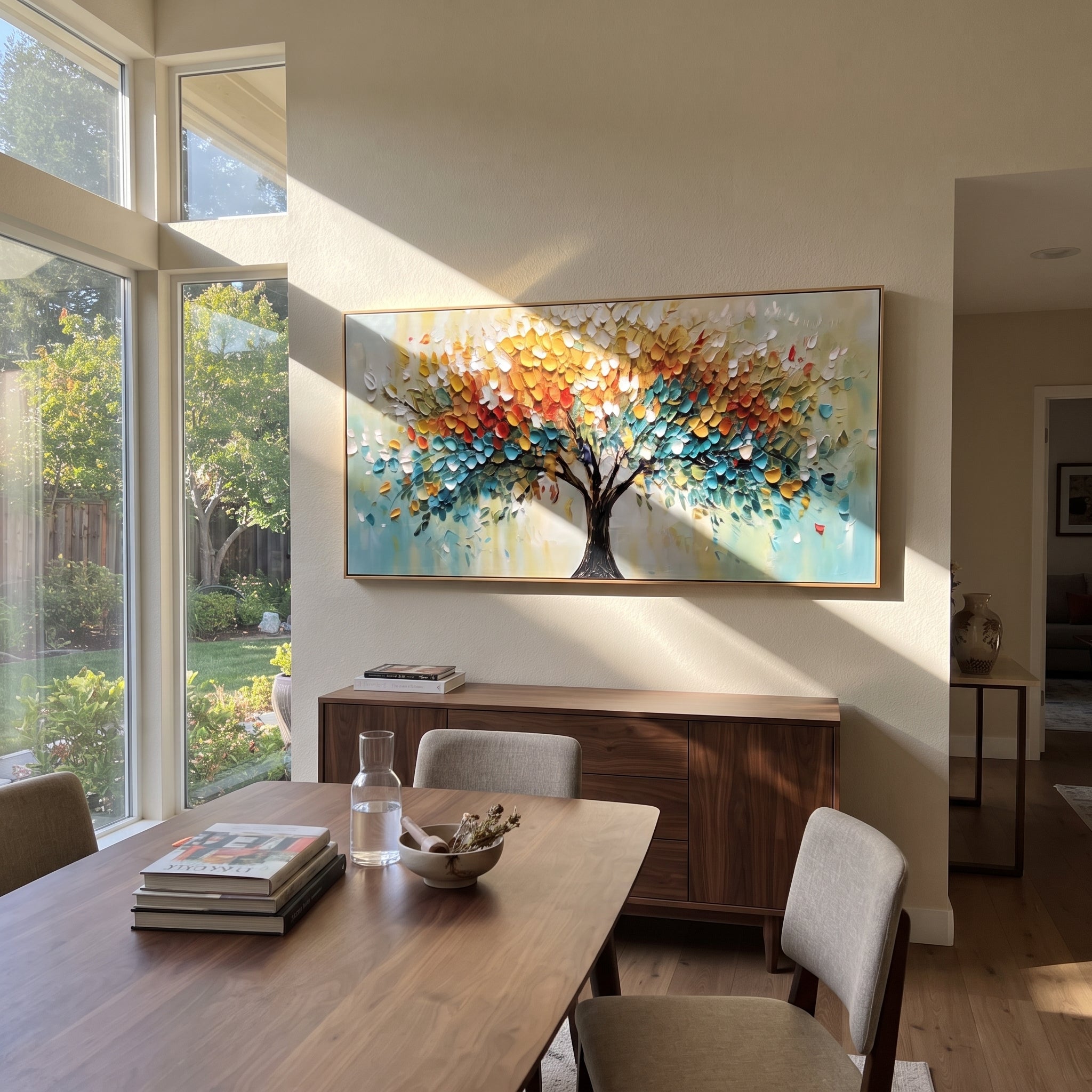 "Rainbow Life Tree Painting" focuses on atmosphere, surface movement, and sculptural heavy impasto craftsmanship rather than a fixed literal storyline. The composition uses this hand-painted panoramic canvas presents a panoramic life tree with a black trunk, bright yellow and orange foliage, teal-blue lower leaves, and lively raised impasto marks, with visible raised palette-knife paint and handmade surface depth as the visual anchor, while layered palette-knife paint, raised plaster-like