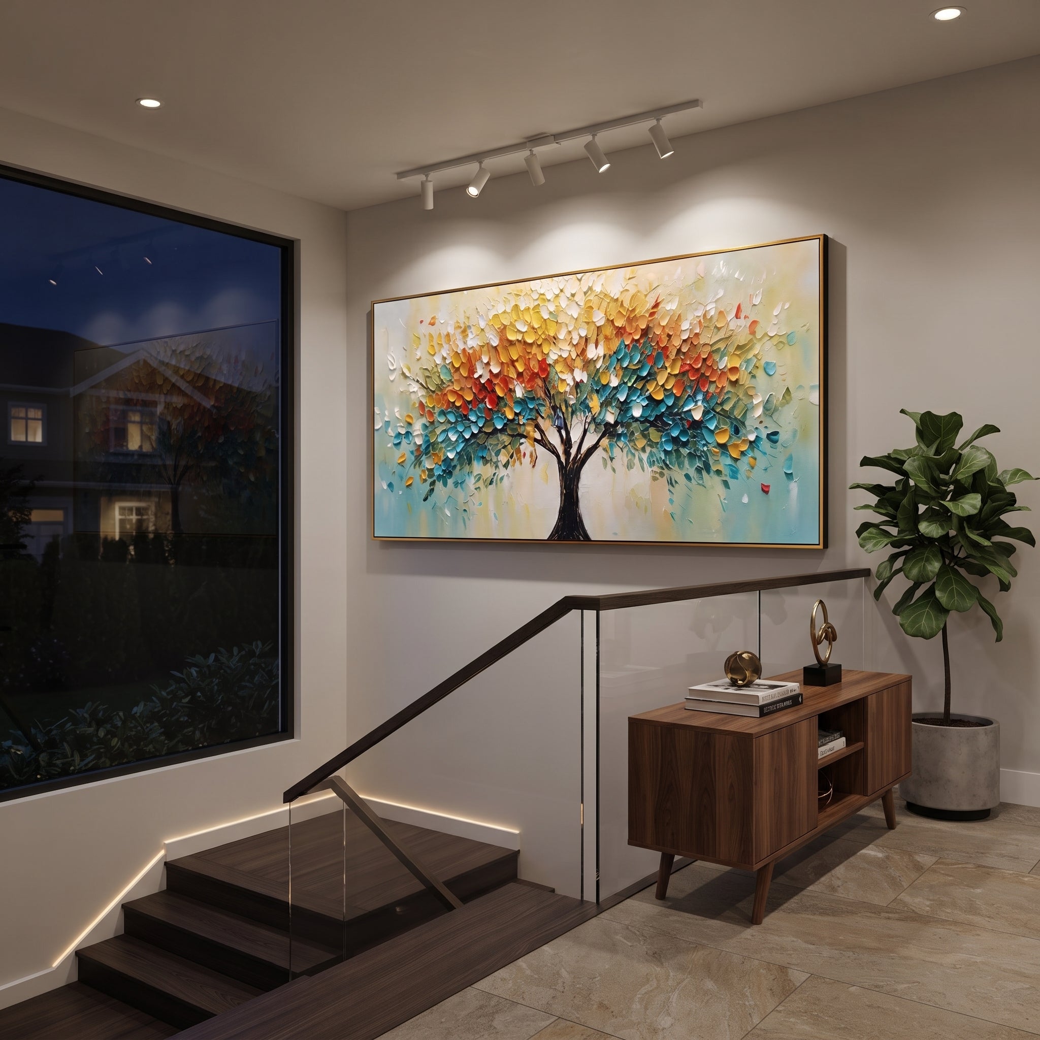 "Rainbow Life Tree Painting" focuses on atmosphere, surface movement, and sculptural heavy impasto craftsmanship rather than a fixed literal storyline. The composition uses this hand-painted panoramic canvas presents a panoramic life tree with a black trunk, bright yellow and orange foliage, teal-blue lower leaves, and lively raised impasto marks, with visible raised palette-knife paint and handmade surface depth as the visual anchor, while layered palette-knife paint, raised plaster-like