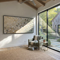 "Soft Neutral Branch Painting" focuses on atmosphere, surface movement, and sculptural heavy impasto craftsmanship rather than a fixed literal storyline. The composition uses this hand-painted panoramic canvas presents a quiet branch composition with pale beige plaster, white leaves, sage green accents, and fine brown stems crossing a wide neutral field, with visible raised palette-knife paint and handmade surface depth as the visual anchor, while layered palette-knife paint, raised plaster-like