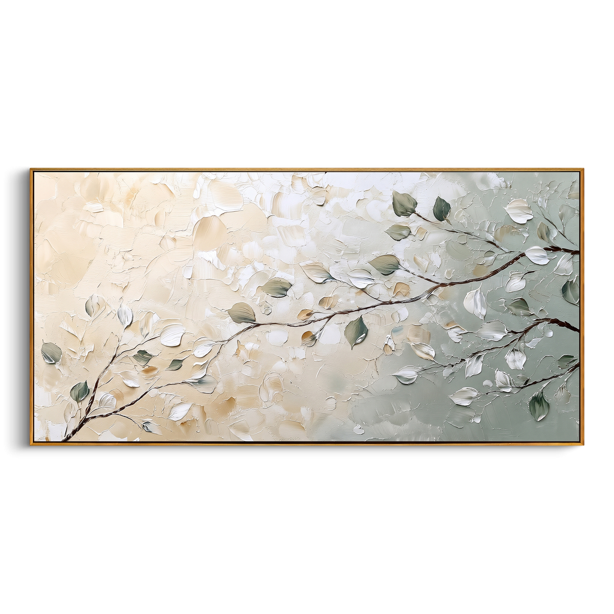 "Soft Neutral Branch Painting" - Modern Heavy Impasto Abstract Artwork | Beige & White Palette Knife Painting | Luxury Horizontal Wall Art #PT 1417