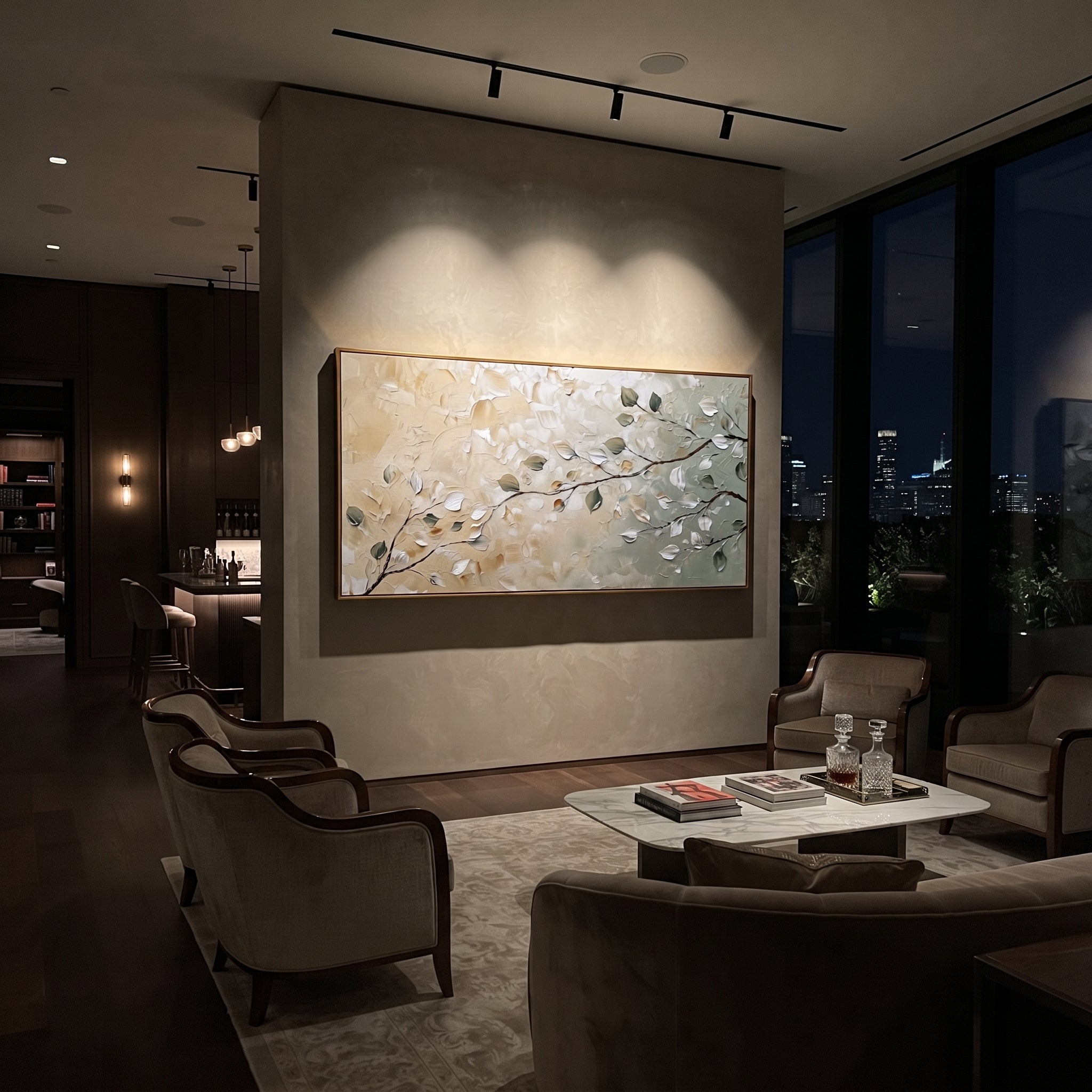 "Soft Neutral Branch Painting" focuses on atmosphere, surface movement, and sculptural heavy impasto craftsmanship rather than a fixed literal storyline. The composition uses this hand-painted panoramic canvas presents a quiet branch composition with pale beige plaster, white leaves, sage green accents, and fine brown stems crossing a wide neutral field, with visible raised palette-knife paint and handmade surface depth as the visual anchor, while layered palette-knife paint, raised plaster-like