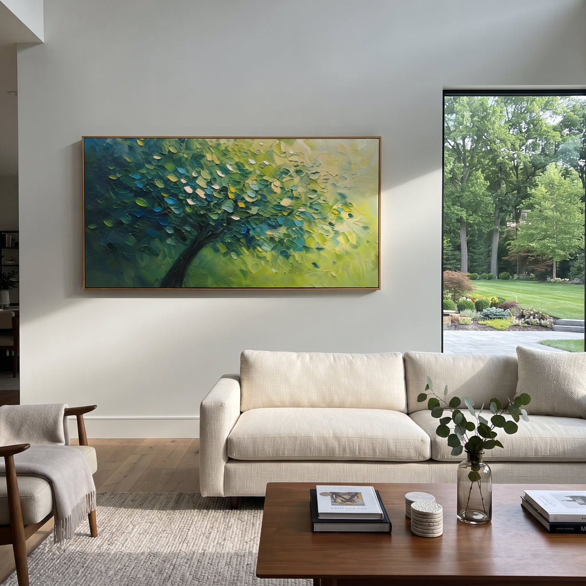 "Deep Lime Forest Canopy Painting" focuses on atmosphere, surface movement, and sculptural heavy impasto craftsmanship rather than a fixed literal storyline. The composition uses this hand-painted panoramic canvas presents a sweeping forest canopy shifting from dark emerald green into bright lime yellow light, with a diagonal dark trunk and thick leaf texture, with visible raised palette-knife paint and handmade surface depth as the visual anchor, while layered palette-knife paint, raised