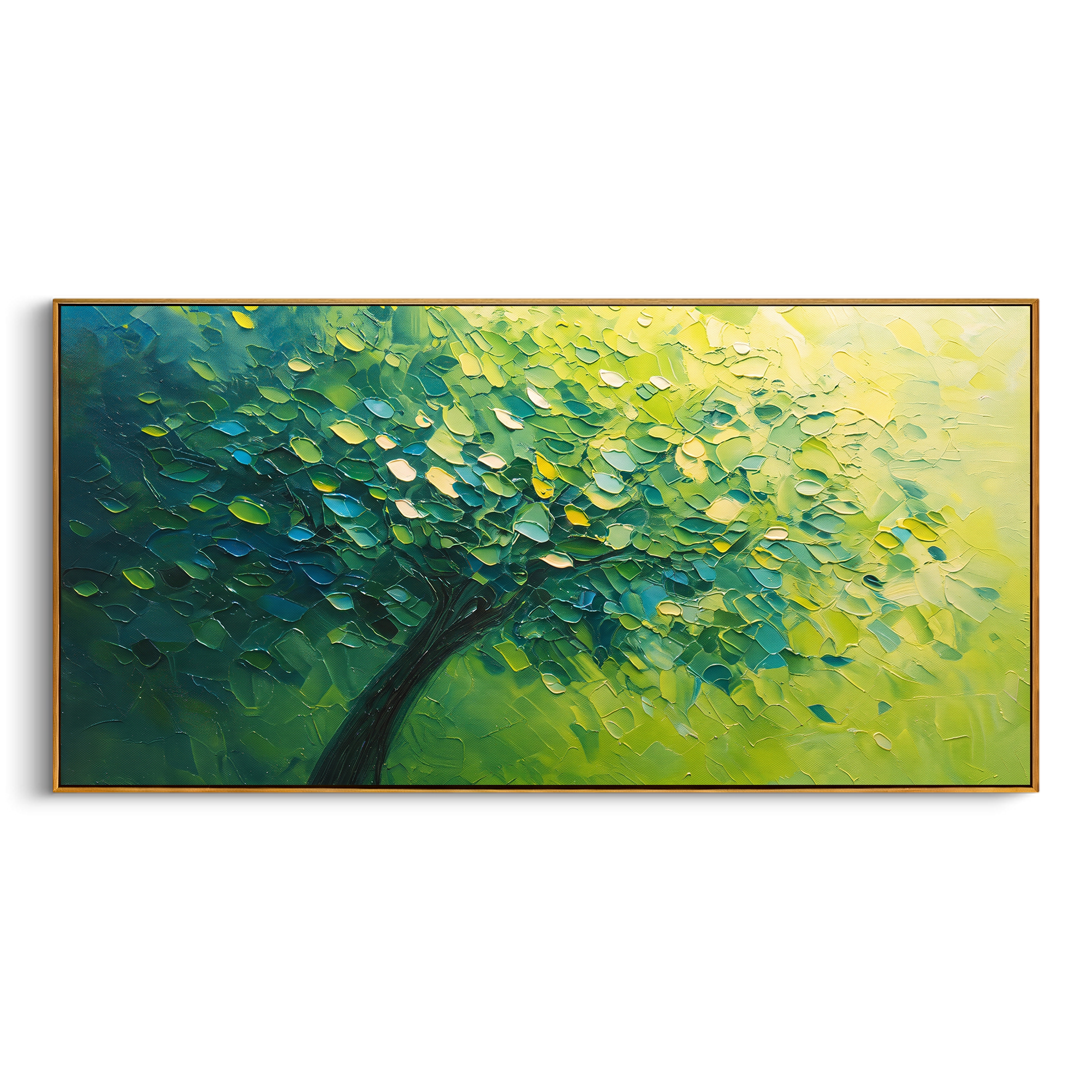 "Deep Lime Forest Canopy Painting" focuses on atmosphere, surface movement, and sculptural heavy impasto craftsmanship rather than a fixed literal storyline. The composition uses this hand-painted panoramic canvas presents a sweeping forest canopy shifting from dark emerald green into bright lime yellow light, with a diagonal dark trunk and thick leaf texture, with visible raised palette-knife paint and handmade surface depth as the visual anchor, while layered palette-knife paint, raised