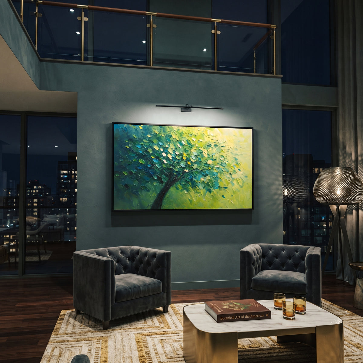 "Deep Lime Forest Canopy Painting" focuses on atmosphere, surface movement, and sculptural heavy impasto craftsmanship rather than a fixed literal storyline. The composition uses this hand-painted panoramic canvas presents a sweeping forest canopy shifting from dark emerald green into bright lime yellow light, with a diagonal dark trunk and thick leaf texture, with visible raised palette-knife paint and handmade surface depth as the visual anchor, while layered palette-knife paint, raised
