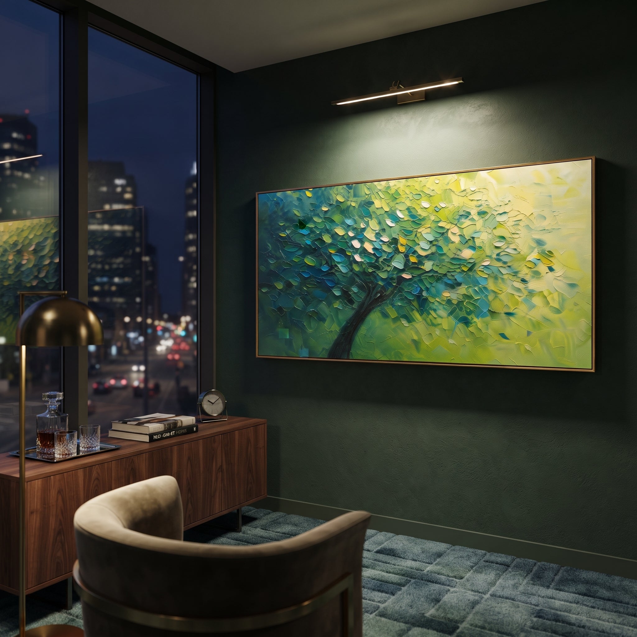 "Deep Lime Forest Canopy Painting" focuses on atmosphere, surface movement, and sculptural heavy impasto craftsmanship rather than a fixed literal storyline. The composition uses this hand-painted panoramic canvas presents a sweeping forest canopy shifting from dark emerald green into bright lime yellow light, with a diagonal dark trunk and thick leaf texture, with visible raised palette-knife paint and handmade surface depth as the visual anchor, while layered palette-knife paint, raised