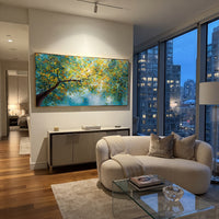 "Teal Gold Branch Painting" focuses on atmosphere, surface movement, and sculptural heavy impasto craftsmanship rather than a fixed literal storyline. The composition uses this hand-painted panoramic canvas presents a dramatic teal-blue background with dark branching stems, golden leaves, and smooth raised botanical forms across the panoramic canvas, with visible raised palette-knife paint and handmade surface depth as the visual anchor, while layered palette-knife paint, raised plaster-like