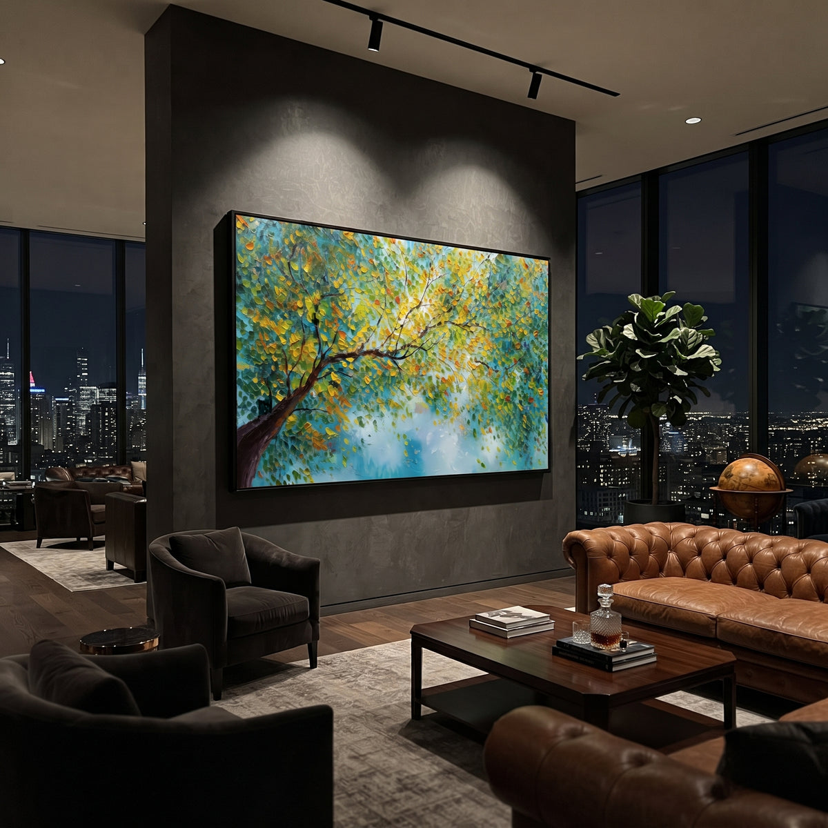 "Teal Gold Branch Painting" focuses on atmosphere, surface movement, and sculptural heavy impasto craftsmanship rather than a fixed literal storyline. The composition uses this hand-painted panoramic canvas presents a dramatic teal-blue background with dark branching stems, golden leaves, and smooth raised botanical forms across the panoramic canvas, with visible raised palette-knife paint and handmade surface depth as the visual anchor, while layered palette-knife paint, raised plaster-like