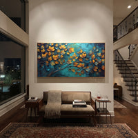 "Sky Blue Forest Canopy Painting" focuses on atmosphere, surface movement, and sculptural heavy impasto craftsmanship rather than a fixed literal storyline. The composition uses this hand-painted panoramic canvas presents a bright upward-looking forest canopy with blue sky, green and yellow leaves, orange accents, and dark curving branches, with visible raised palette-knife paint and handmade surface depth as the visual anchor, while layered palette-knife paint, raised plaster-like texture, and