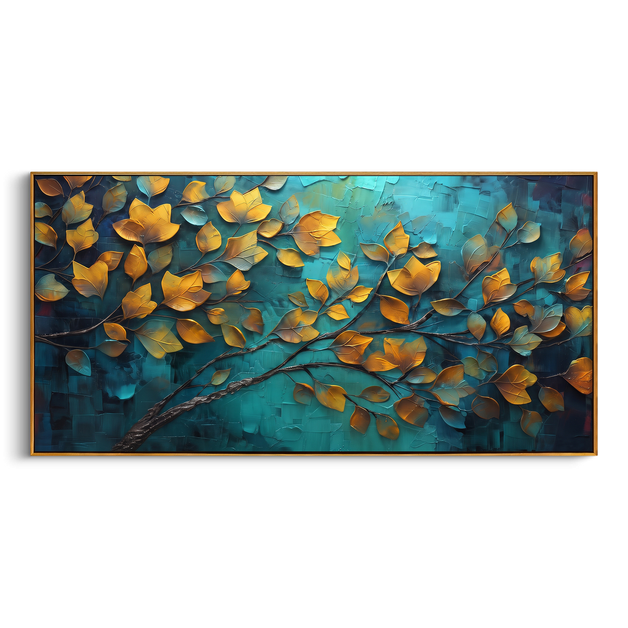 "Sky Blue Forest Canopy Painting" focuses on atmosphere, surface movement, and sculptural heavy impasto craftsmanship rather than a fixed literal storyline. The composition uses this hand-painted panoramic canvas presents a bright upward-looking forest canopy with blue sky, green and yellow leaves, orange accents, and dark curving branches, with visible raised palette-knife paint and handmade surface depth as the visual anchor, while layered palette-knife paint, raised plaster-like texture, and