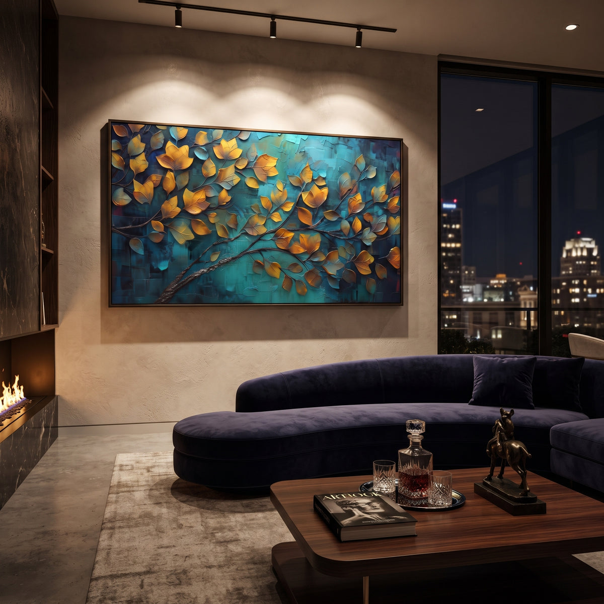 "Sky Blue Forest Canopy Painting" focuses on atmosphere, surface movement, and sculptural heavy impasto craftsmanship rather than a fixed literal storyline. The composition uses this hand-painted panoramic canvas presents a bright upward-looking forest canopy with blue sky, green and yellow leaves, orange accents, and dark curving branches, with visible raised palette-knife paint and handmade surface depth as the visual anchor, while layered palette-knife paint, raised plaster-like texture, and