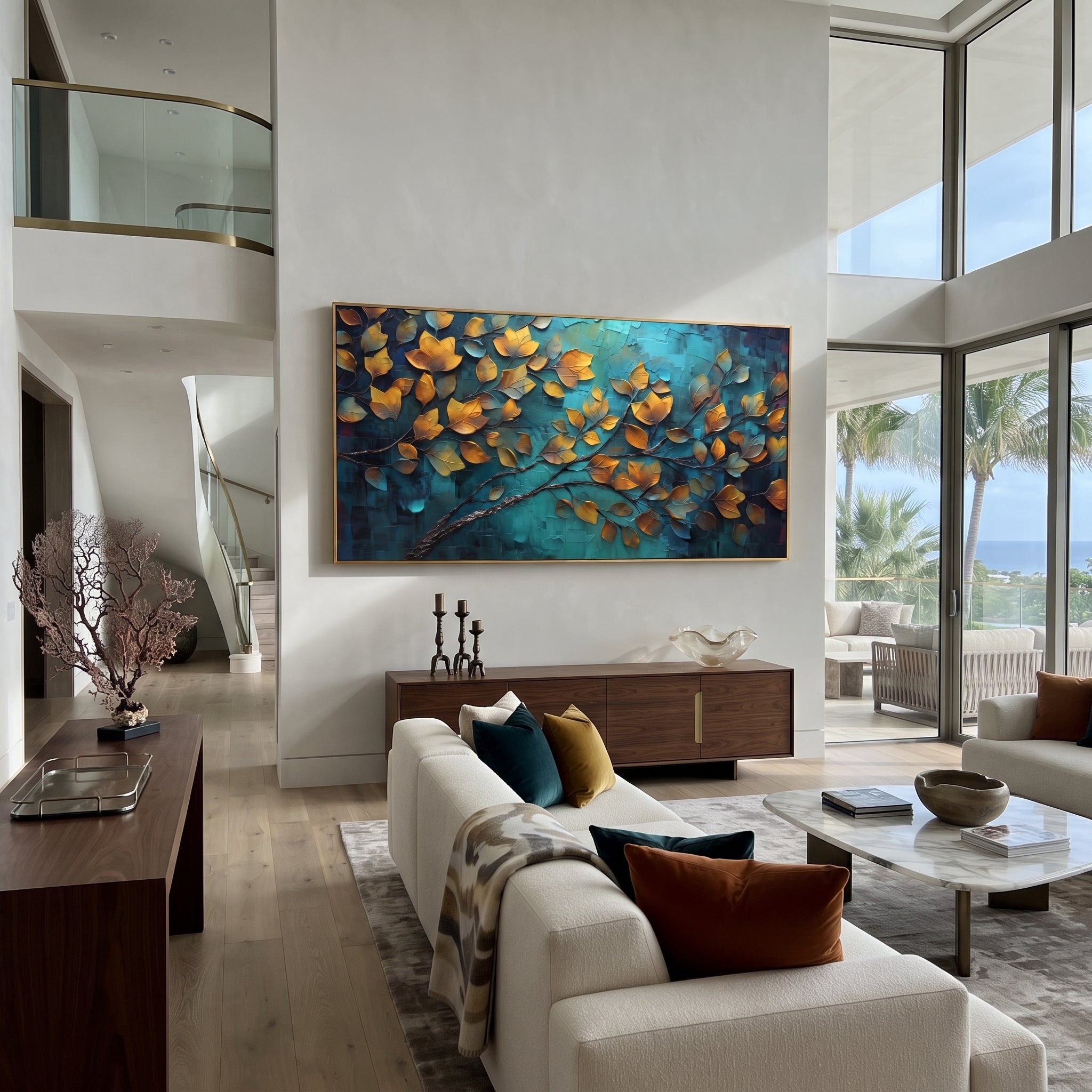 "Sky Blue Forest Canopy Painting" focuses on atmosphere, surface movement, and sculptural heavy impasto craftsmanship rather than a fixed literal storyline. The composition uses this hand-painted panoramic canvas presents a bright upward-looking forest canopy with blue sky, green and yellow leaves, orange accents, and dark curving branches, with visible raised palette-knife paint and handmade surface depth as the visual anchor, while layered palette-knife paint, raised plaster-like texture, and