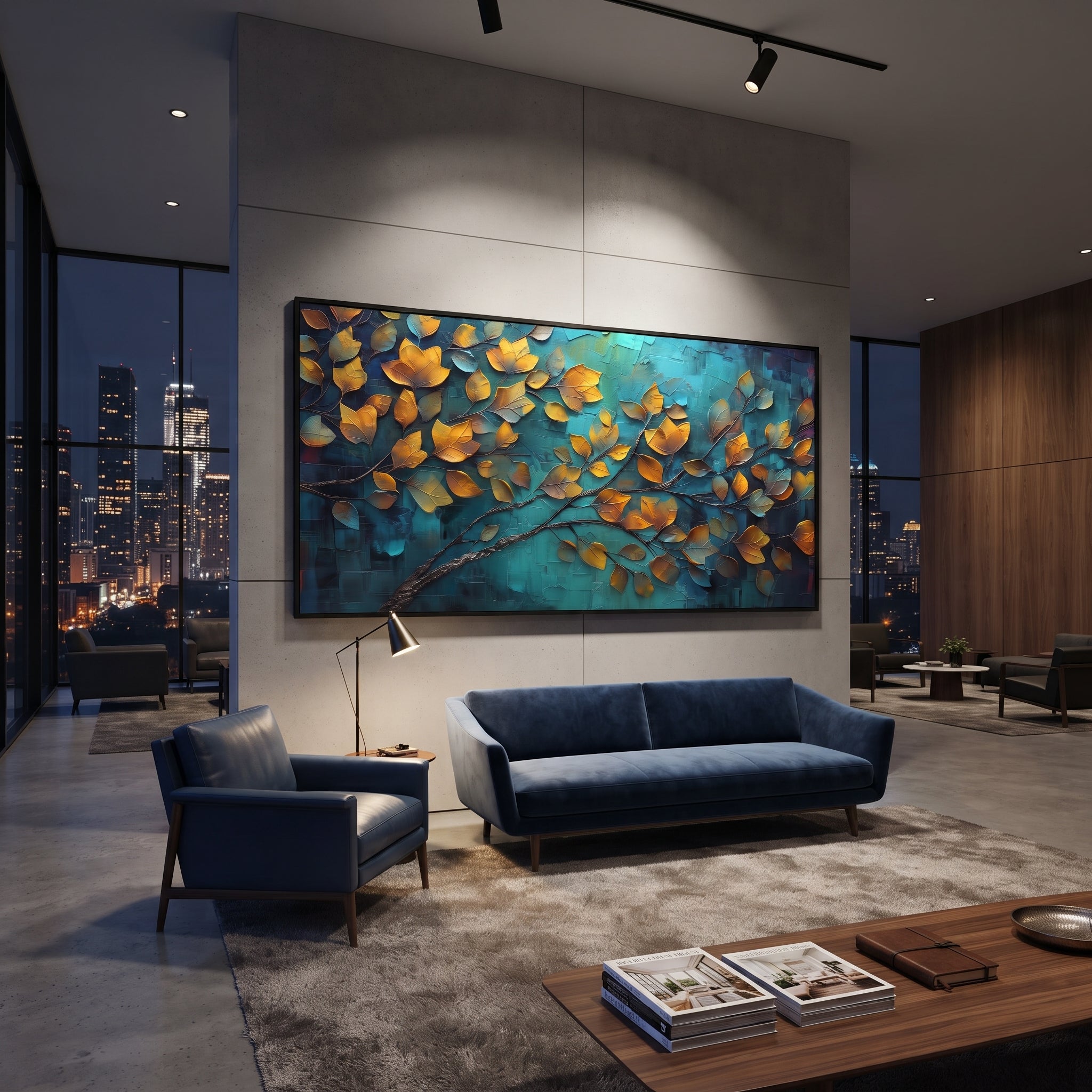 "Sky Blue Forest Canopy Painting" focuses on atmosphere, surface movement, and sculptural heavy impasto craftsmanship rather than a fixed literal storyline. The composition uses this hand-painted panoramic canvas presents a bright upward-looking forest canopy with blue sky, green and yellow leaves, orange accents, and dark curving branches, with visible raised palette-knife paint and handmade surface depth as the visual anchor, while layered palette-knife paint, raised plaster-like texture, and
