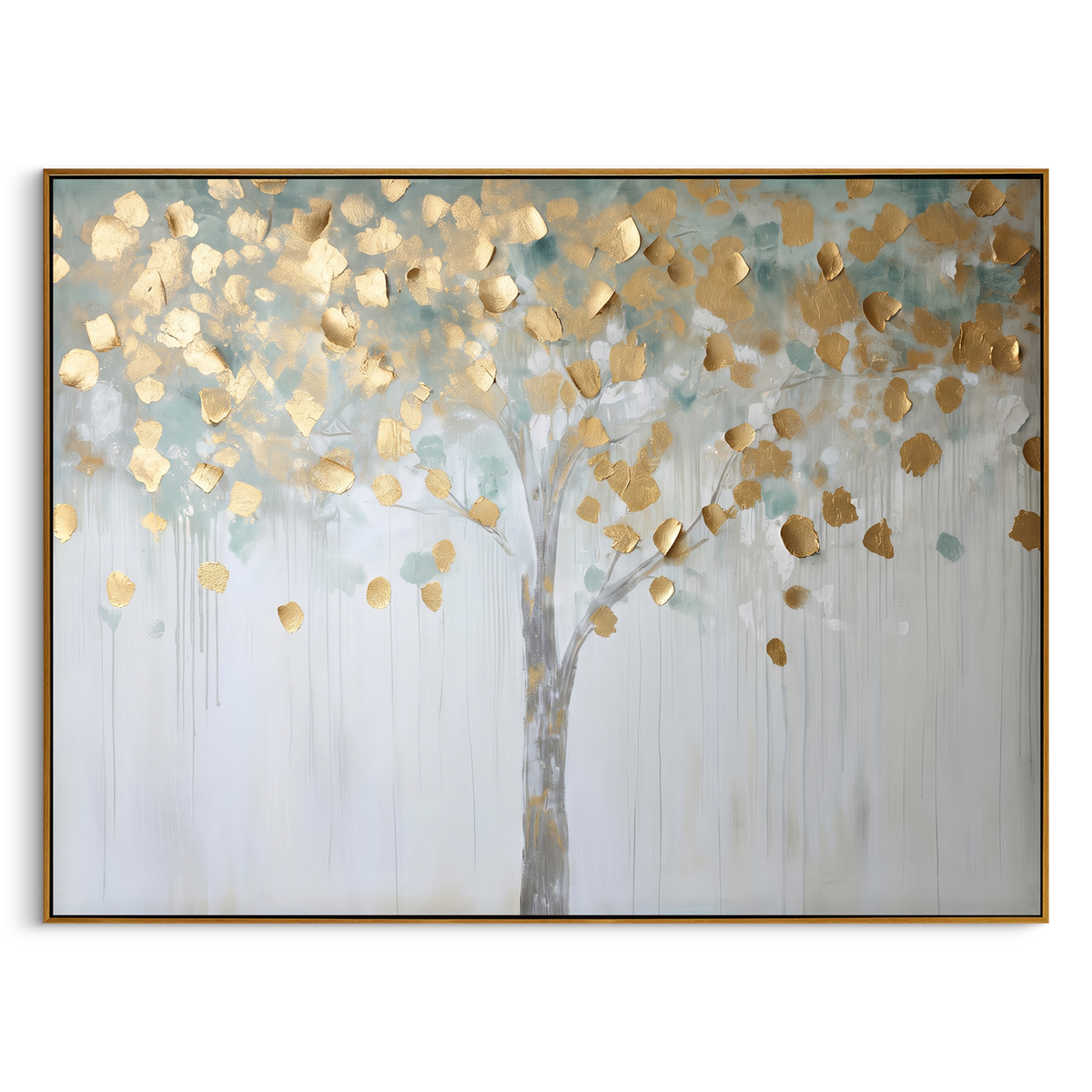 "Pale Gold Leaf Tree Painting" - Modern Heavy Impasto Abstract Artwork | Golden & White Palette Knife Painting | Luxury Horizontal Wall Art #PT 1421